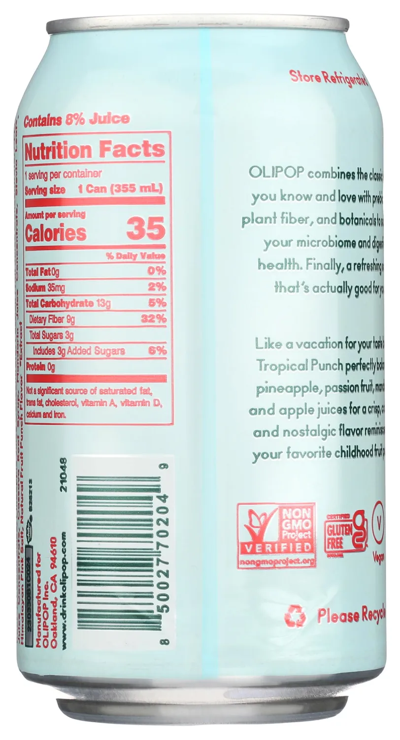 OLIPOP Prebiotic Soda Pop, Tropical Punch, A New Kind of Soda Packed with Prebiotics, Fiber, and Botanicals, Gluten Free, Vegan, GMO Free, 12oz