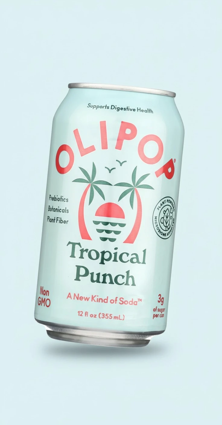 OLIPOP Prebiotic Soda Pop, Tropical Punch, A New Kind of Soda Packed with Prebiotics, Fiber, and Botanicals, Gluten Free, Vegan, GMO Free, 12oz