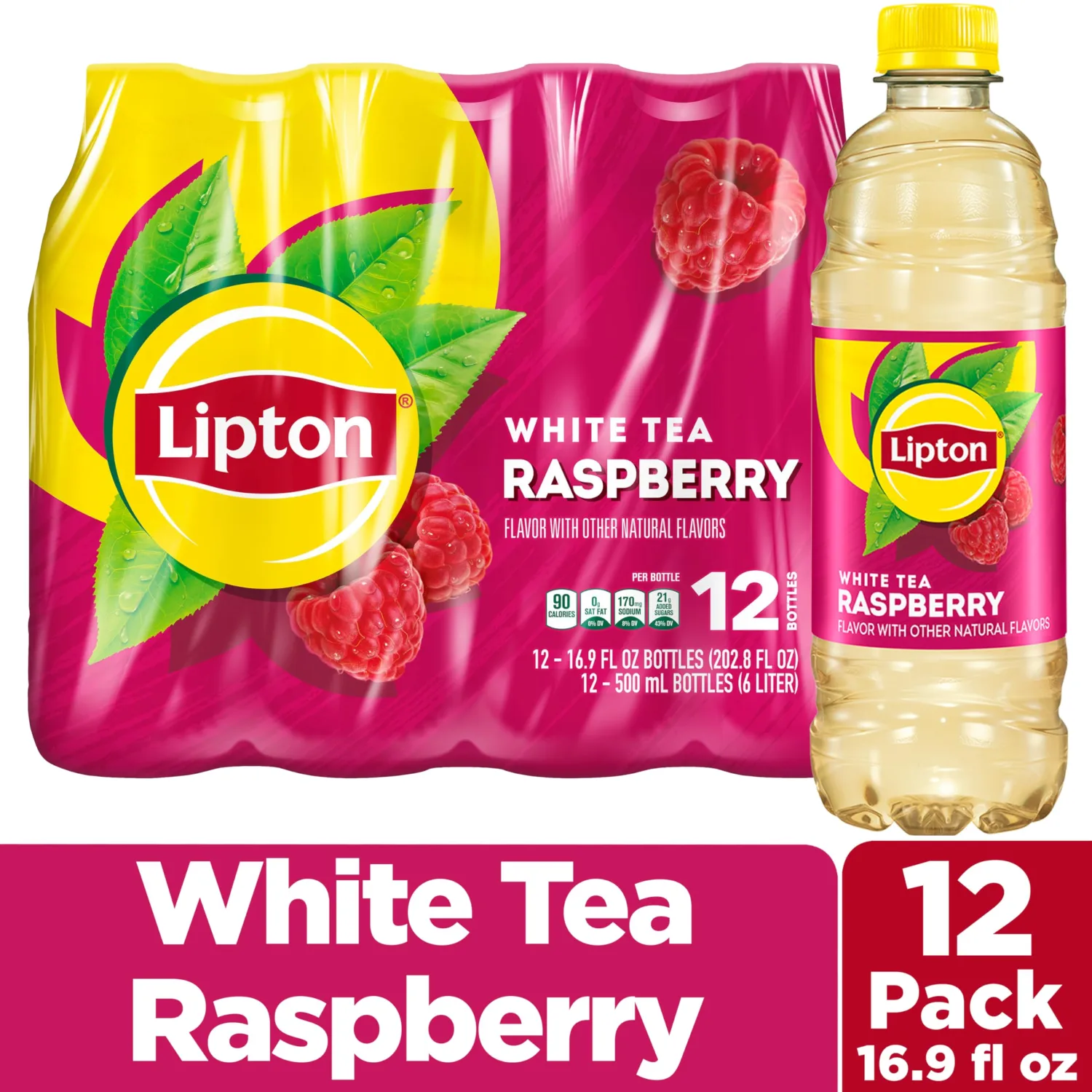 Lipton Raspberry White Tea, 16.9 Fl Oz Bottles (Pack of 12)