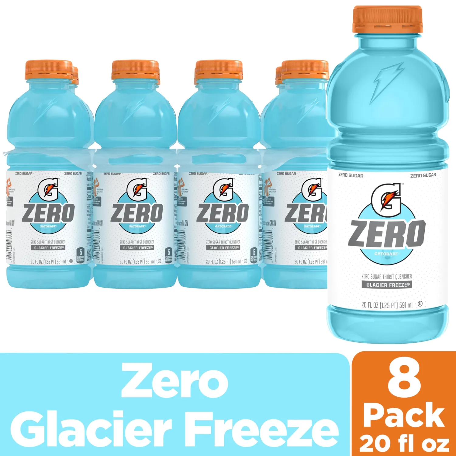 Gatorade Zero Sugar Thirst Quencher Sports Drink, Glacier Freeze, 20 Ounce Bottles (Pack of 8)