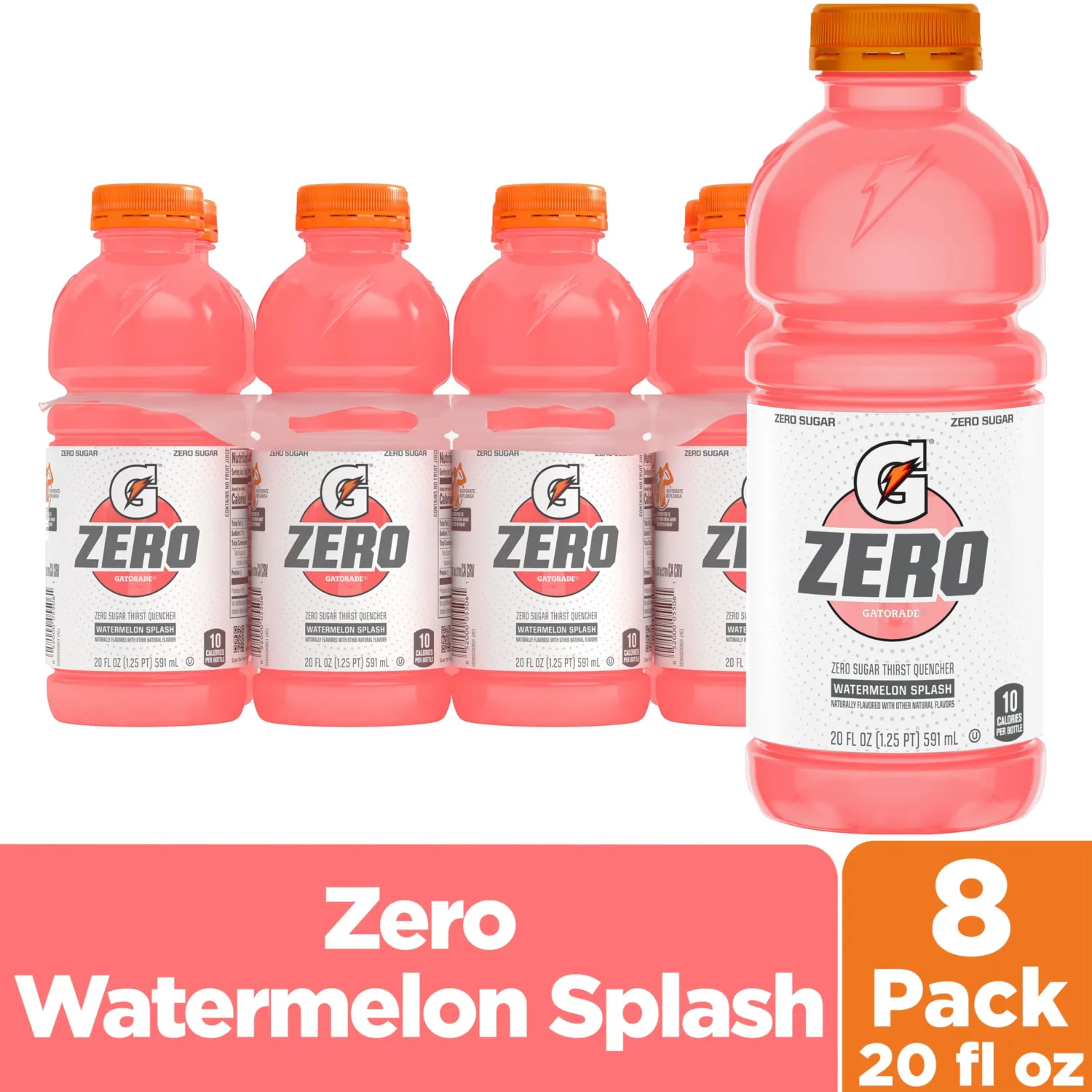 Gatorade Zero Sugar Thirst Quencher, Watermelon Splash, 20 fl oz Bottles, 8 Pack, Electrolytes for Rehydration