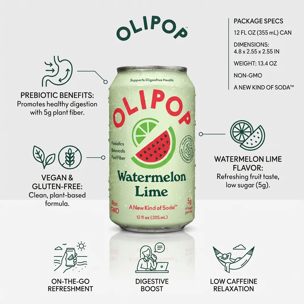 OLIPOP Watermelon Lime Prebiotic Soda, 12 FZ