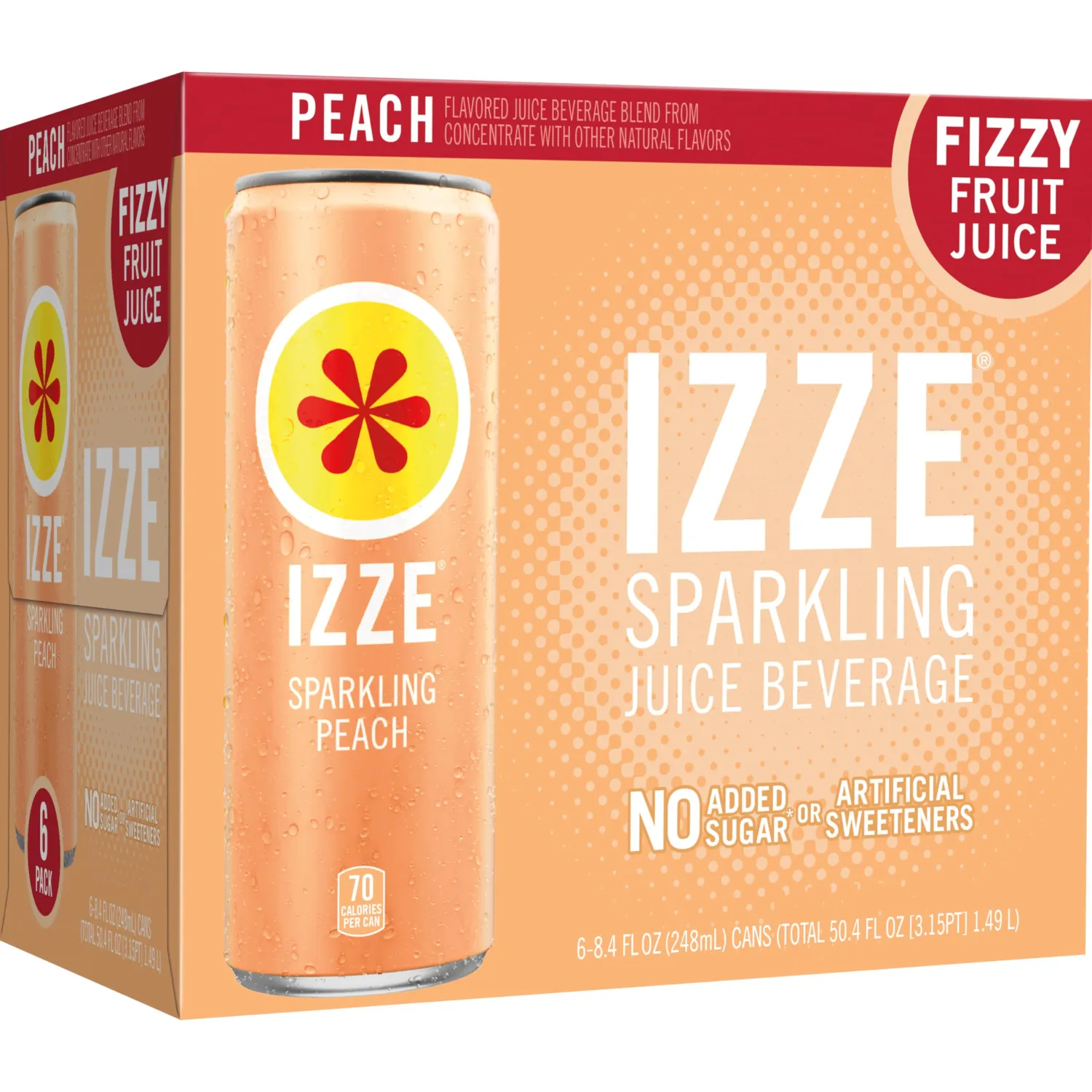 IZZE Sparkling Juice Beverage Blend, Peach, No Sugar Added, 8.4 FL OZ, 6 Cans