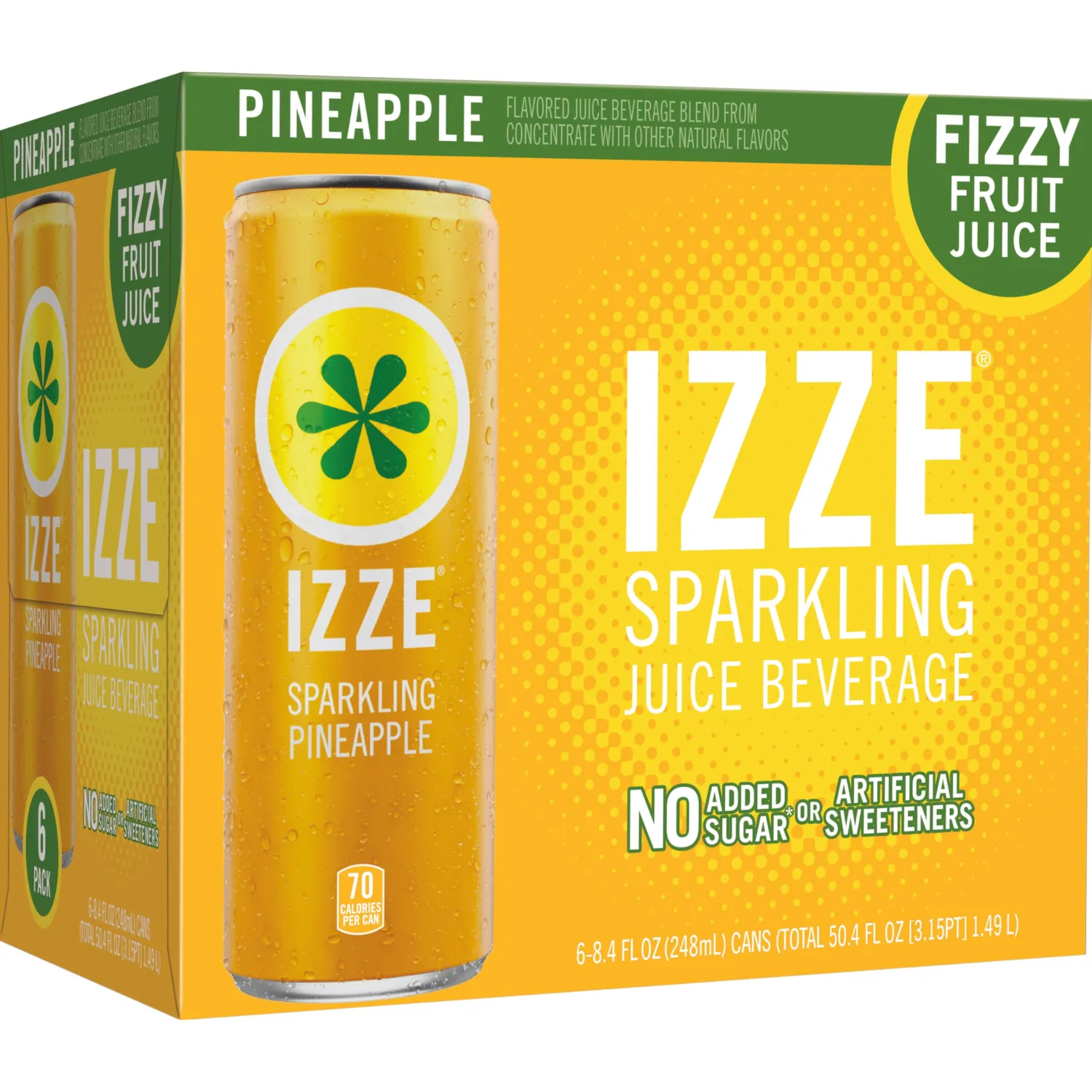 IZZE Sparkling Juice Beverage Blend, Pineapple, No Sugar Added, 8.4 FL OZ, 6 Cans