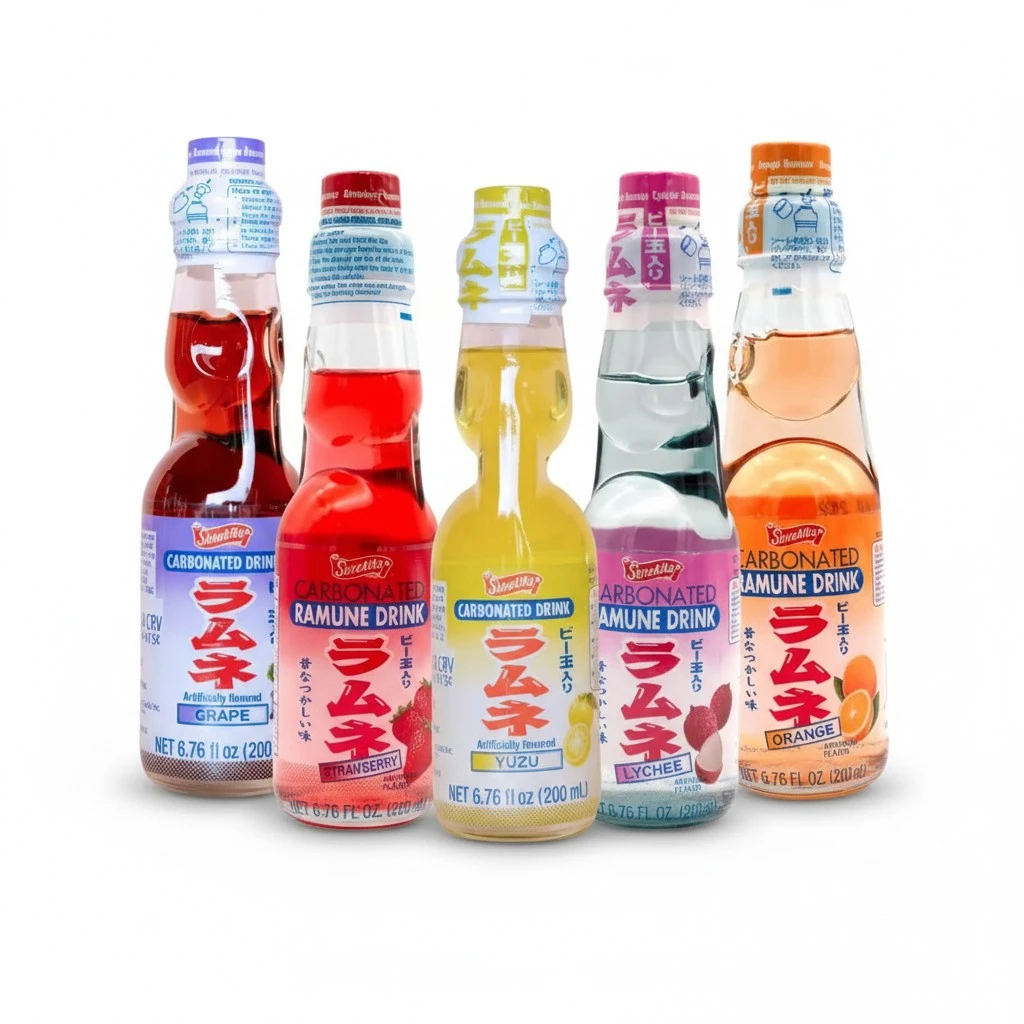 Ramune Japanese Soda Variety Pack - Yuzu, Lychee, Grape, Strawberry, and Orange.Japanese Marble Soda Drink Pack of 5