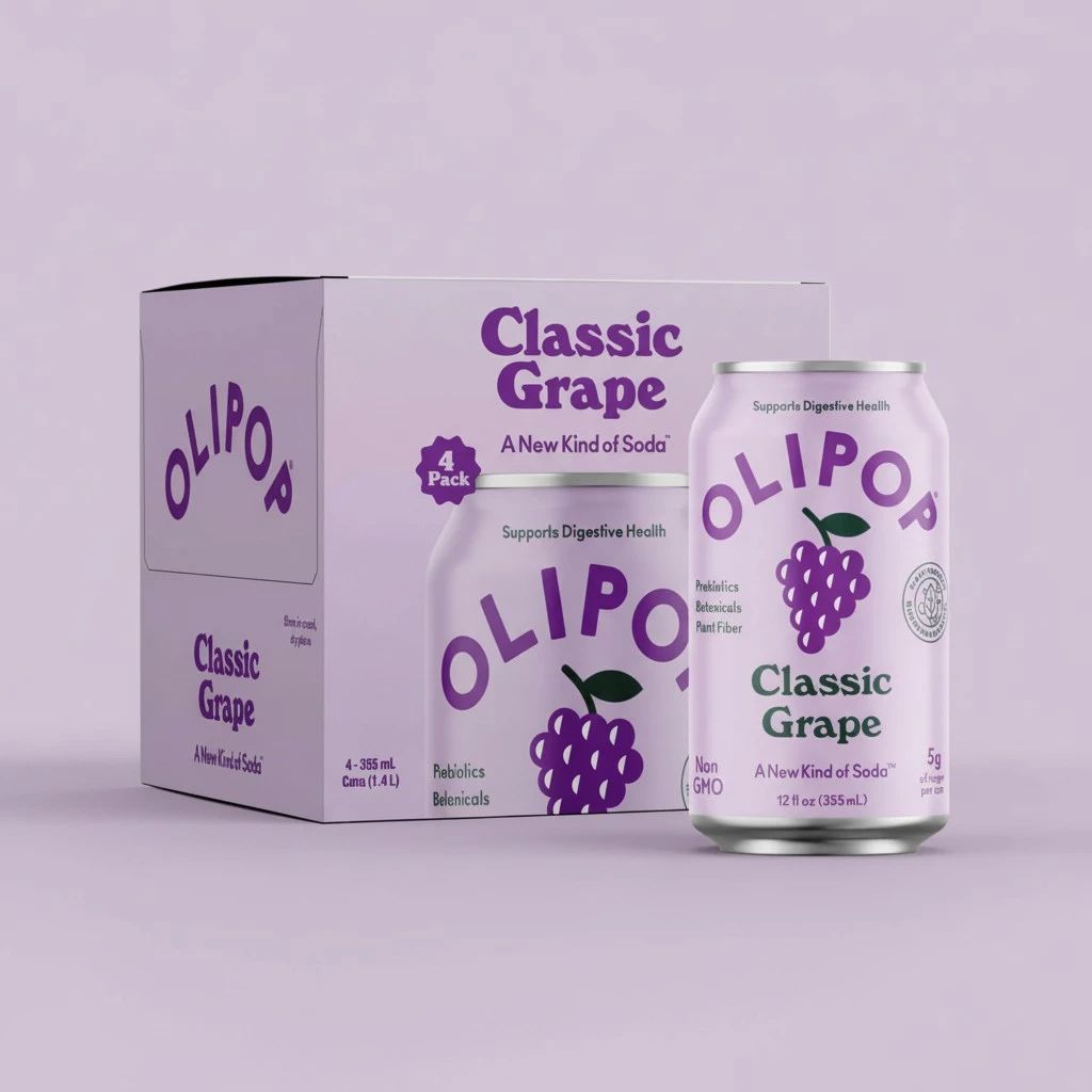 OLIPOP Prebiotic Soda Pop, Classic Grape, Prebiotics, Botanicals, Plant Fiber, 12 fl oz (4 Cans)