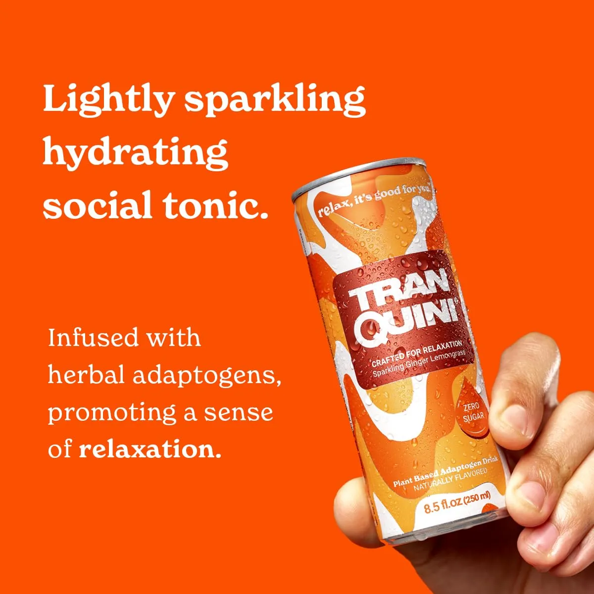 Tranquini Calming Drink With Herbal Adaptogens | Sparkling Water Stress Relief Beverage | Sugar Free, Non Alcoholic, Gluten Free, Vegan - 250ml Ginger Lemongrass (6 cans)