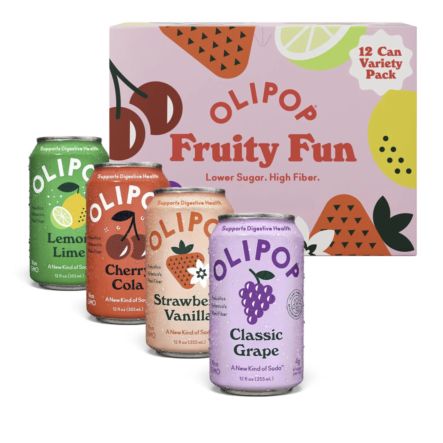OLIPOP Prebiotic Soda Pop, Fruity Fun Variety, Pantry Pack Packed with Prebiotics, Fiber, and Botanicals, Gluten Free, Vegan, GMO Free, 12oz (12-Cans)
