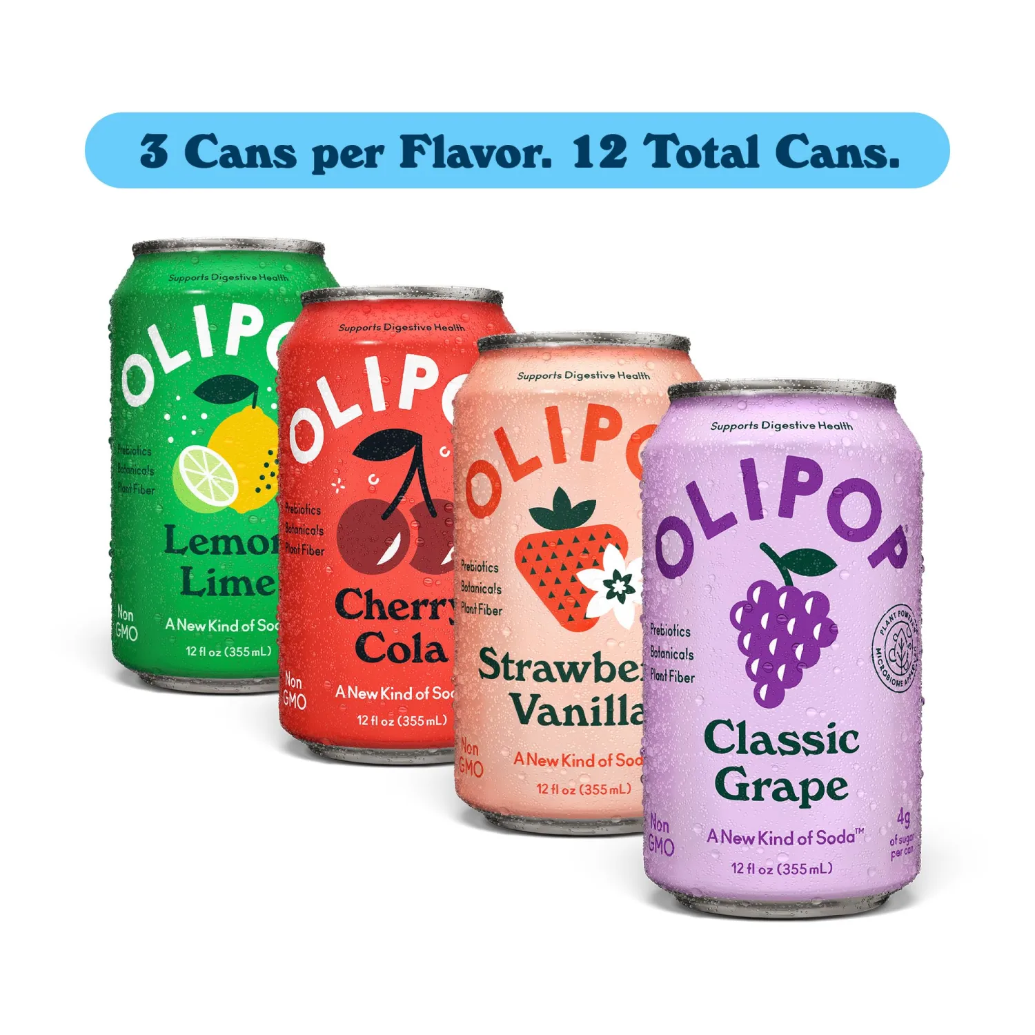 OLIPOP Prebiotic Soda Pop, Fruity Fun Variety, Pantry Pack Packed with Prebiotics, Fiber, and Botanicals, Gluten Free, Vegan, GMO Free, 12oz (12-Cans)