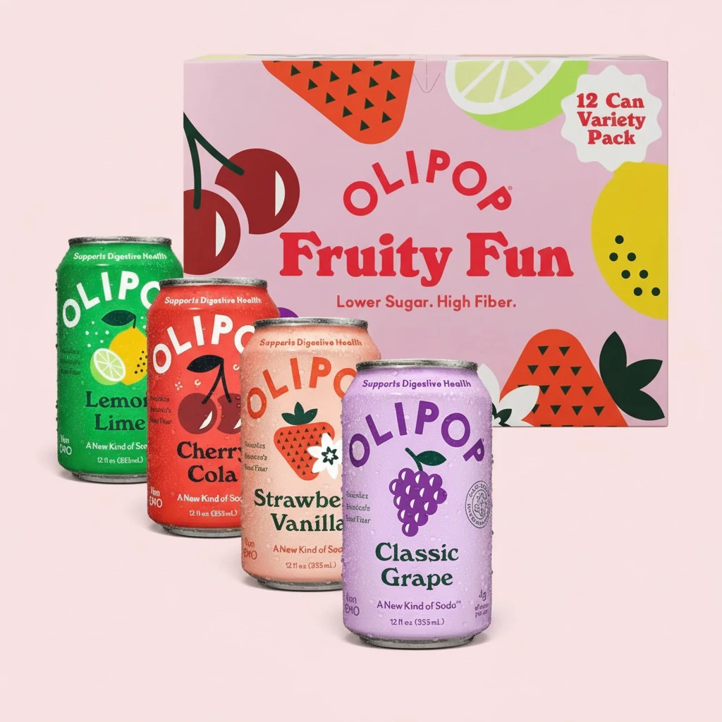 OLIPOP Prebiotic Soda Pop, Fruity Fun Variety, Pantry Pack Packed with Prebiotics, Fiber, and Botanicals, Gluten Free, Vegan, GMO Free, 12oz (12-Cans)