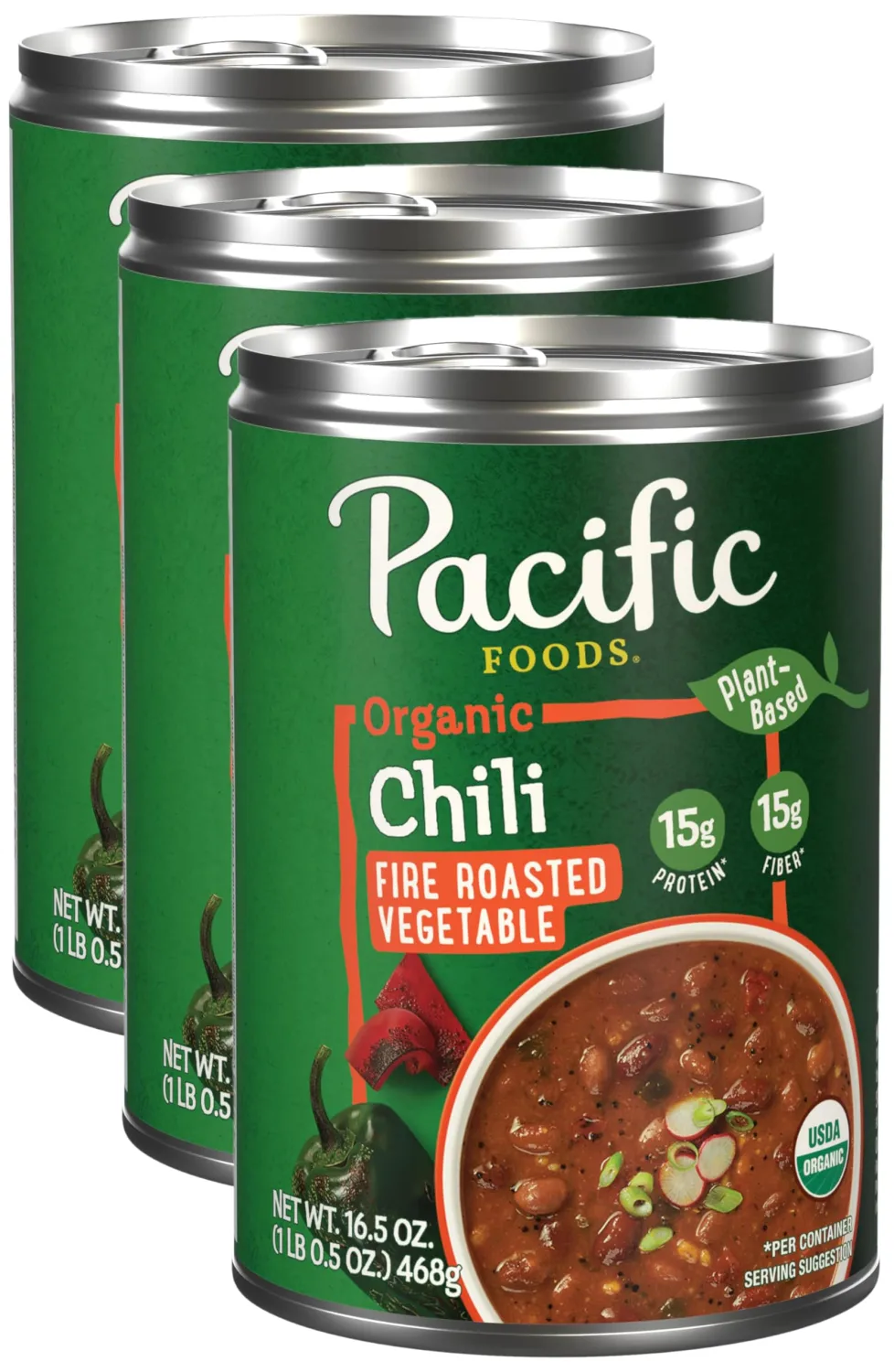 Pacific Foods Organic Fire Roasted Vegetable Chili, Plant Based, 16.5 oz Can (Pack of 3)