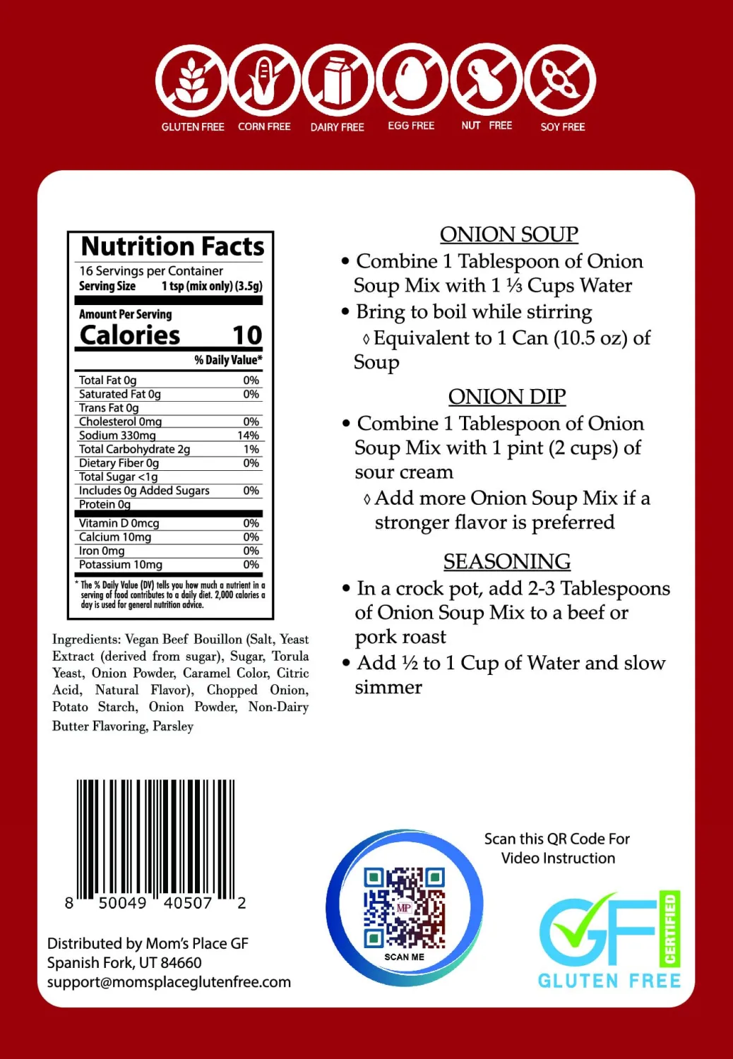 Mom’s Place Gluten-Free Onion Soup Mix or Chip Dip, Nut Free, Soy Free, Vegan, Dairy Free, 16 servings, 2.0 oz