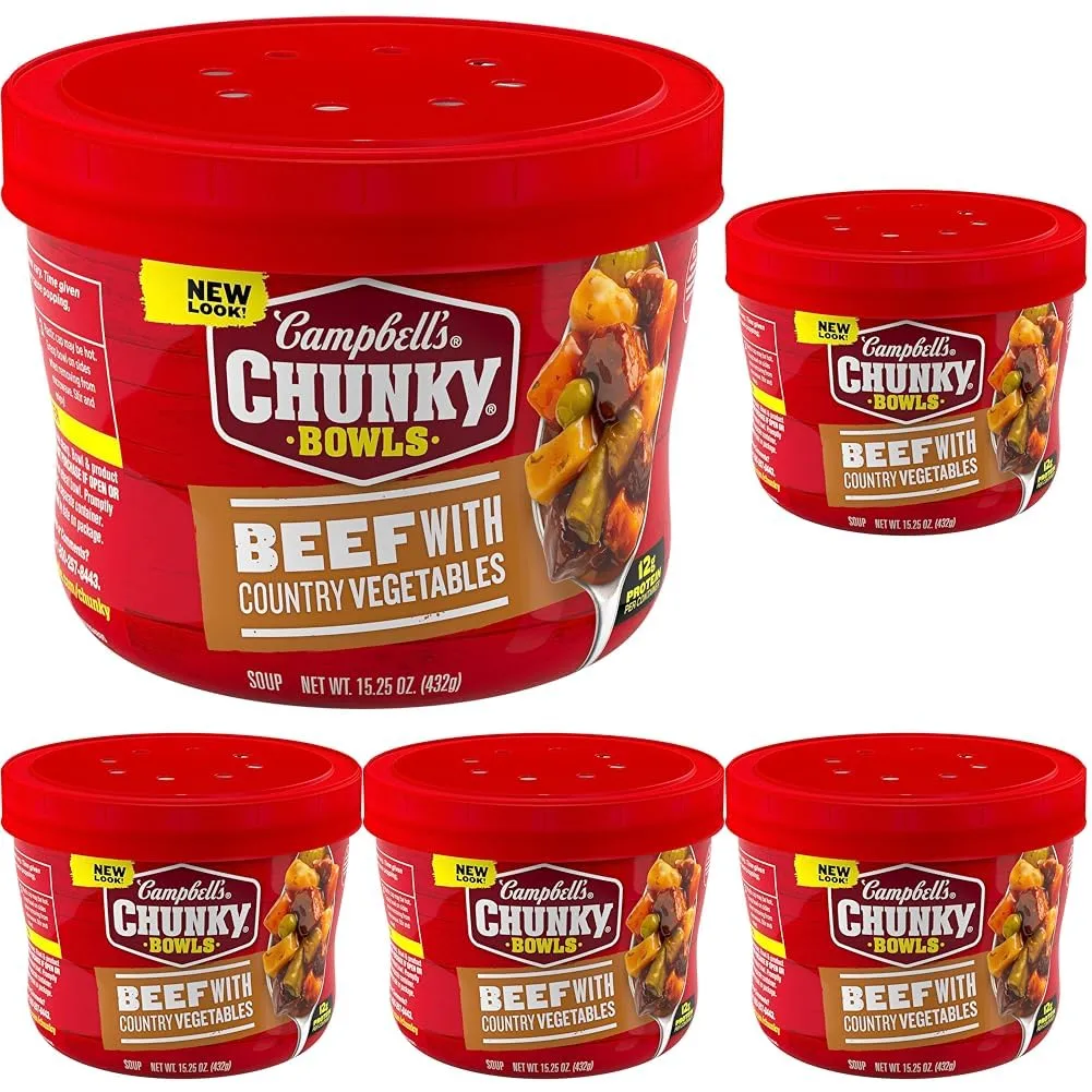 Campbell's Chunky Soup, Beef Soup with Country Vegetables, 15.25 oz Microwavable Bowl (Pack of 5)