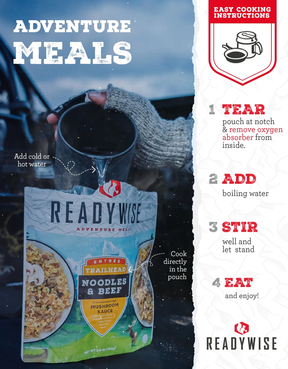 READYWISE - Adventure Meal, Spicy Asian Style Noodles, 2 Servings, Pack of 1, Emergency Preparedness, Freeze Dried Food, MRE, Snack Pack or Emergency Food, Backpacking, Camping, Hiking, and, Survival Provisions