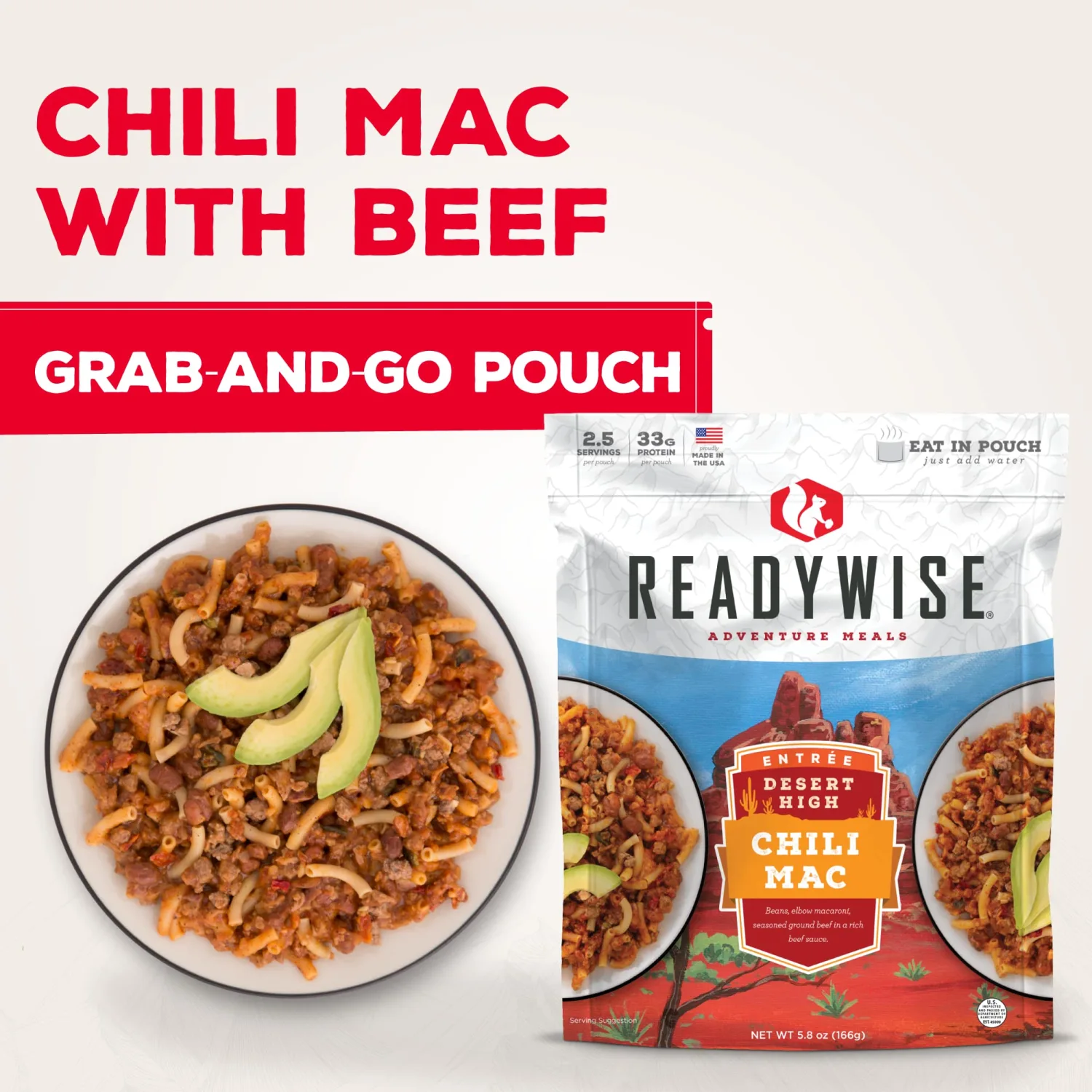 ReadyWise Adventure Meal Chili Mac with Beef, 2 Servings – Freeze-Dried MRE for Emergency Preparedness, Camping, Hiking, Backpacking, Survival Food, Long-Term Storage, and Disaster Readiness