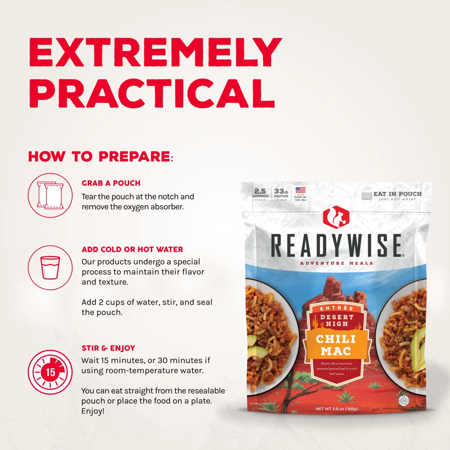 ReadyWise Adventure Meal Chili Mac with Beef, 2 Servings – Freeze-Dried MRE for Emergency Preparedness, Camping, Hiking, Backpacking, Survival Food, Long-Term Storage, and Disaster Readiness
