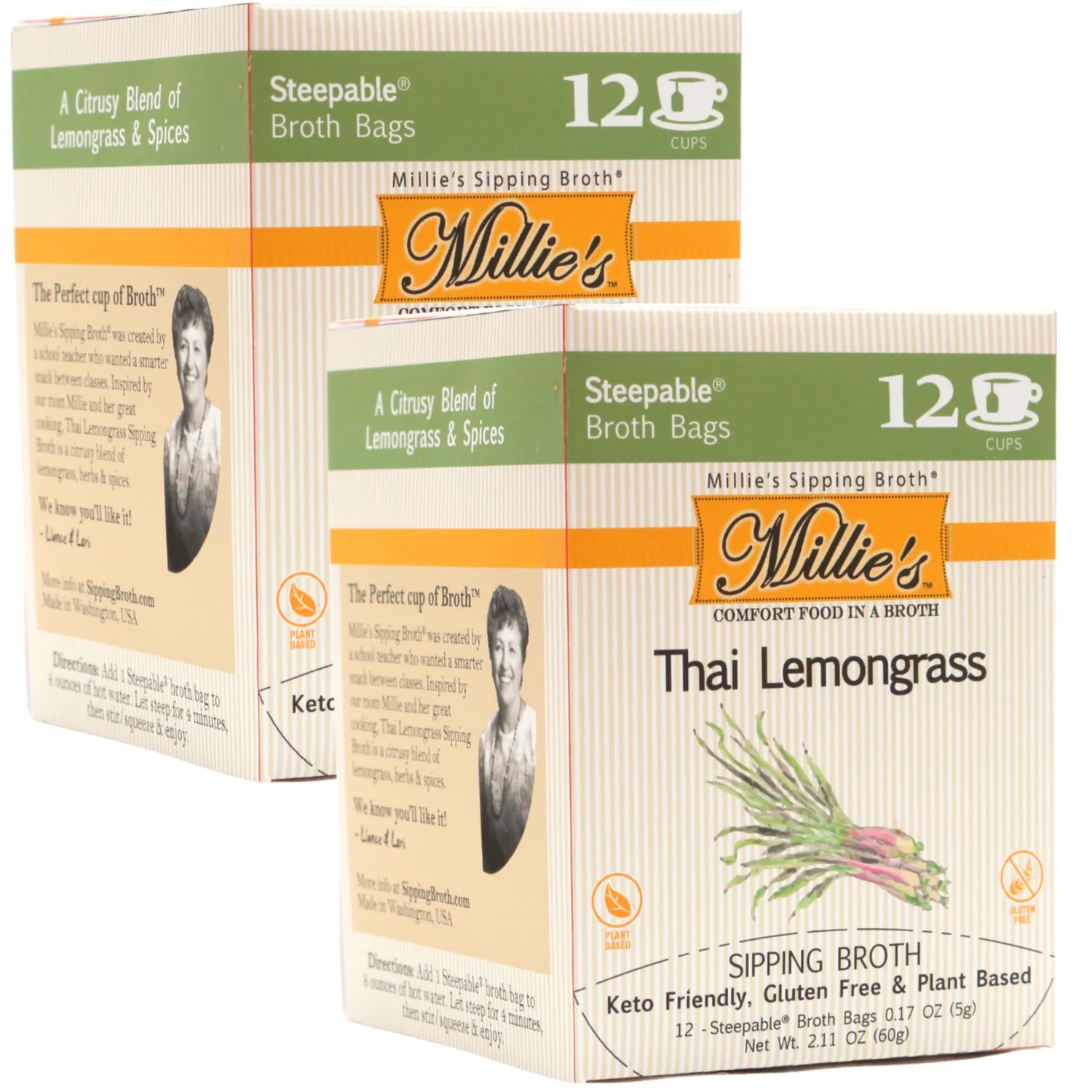 Millie’s Sipping Broth - Vegetable Broth -Natural-Gluten Free-Keto Friendly Thai Lemongrass 12 Count Box (2-Pack)