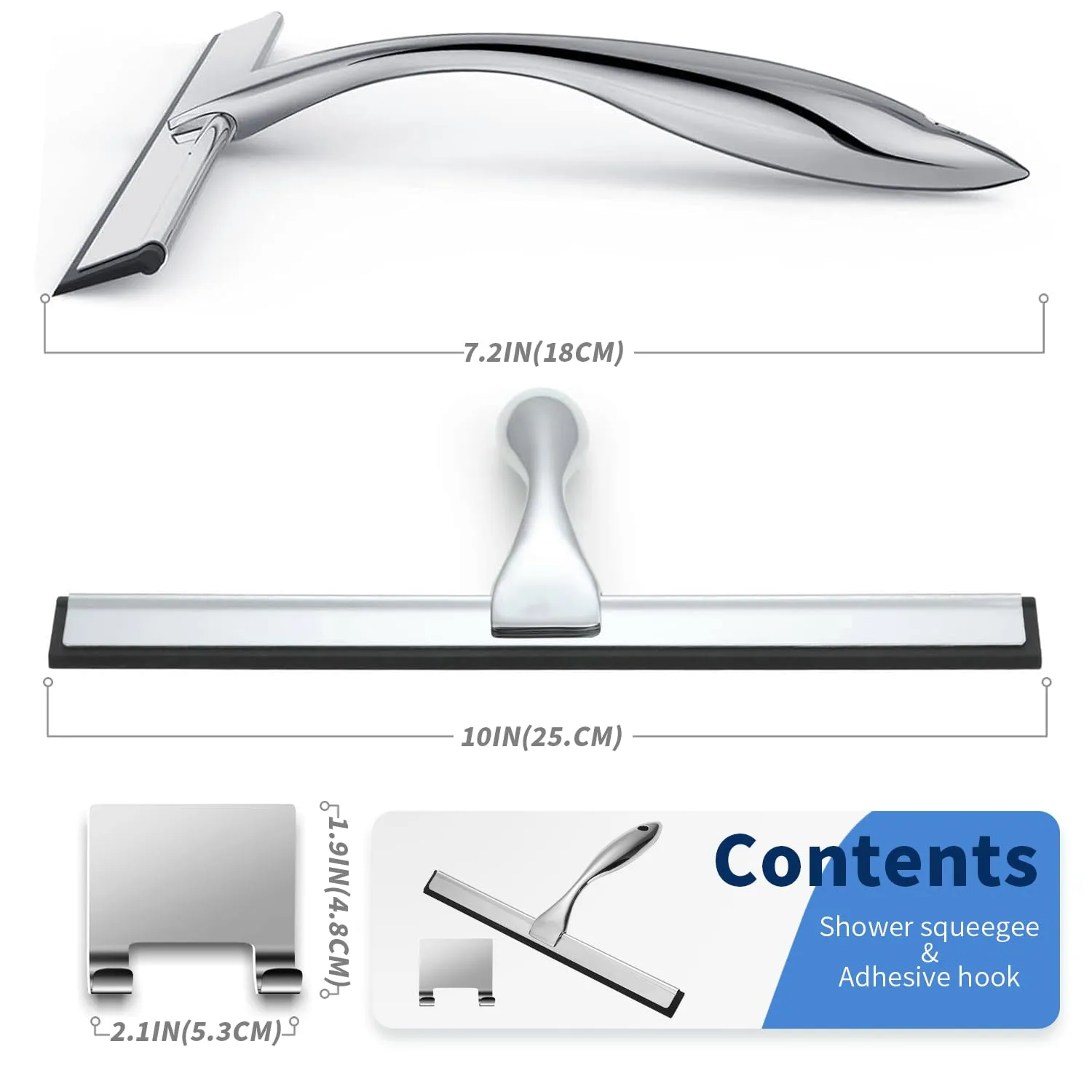 10-inch Stainless Steel Shower Squeegee for Glass Doors, Silver Squeegee for Shower Glass with Hook, Water Wiper, Bathroom Squeegee, Water Wiper for Tile Wall Car Mirror Door