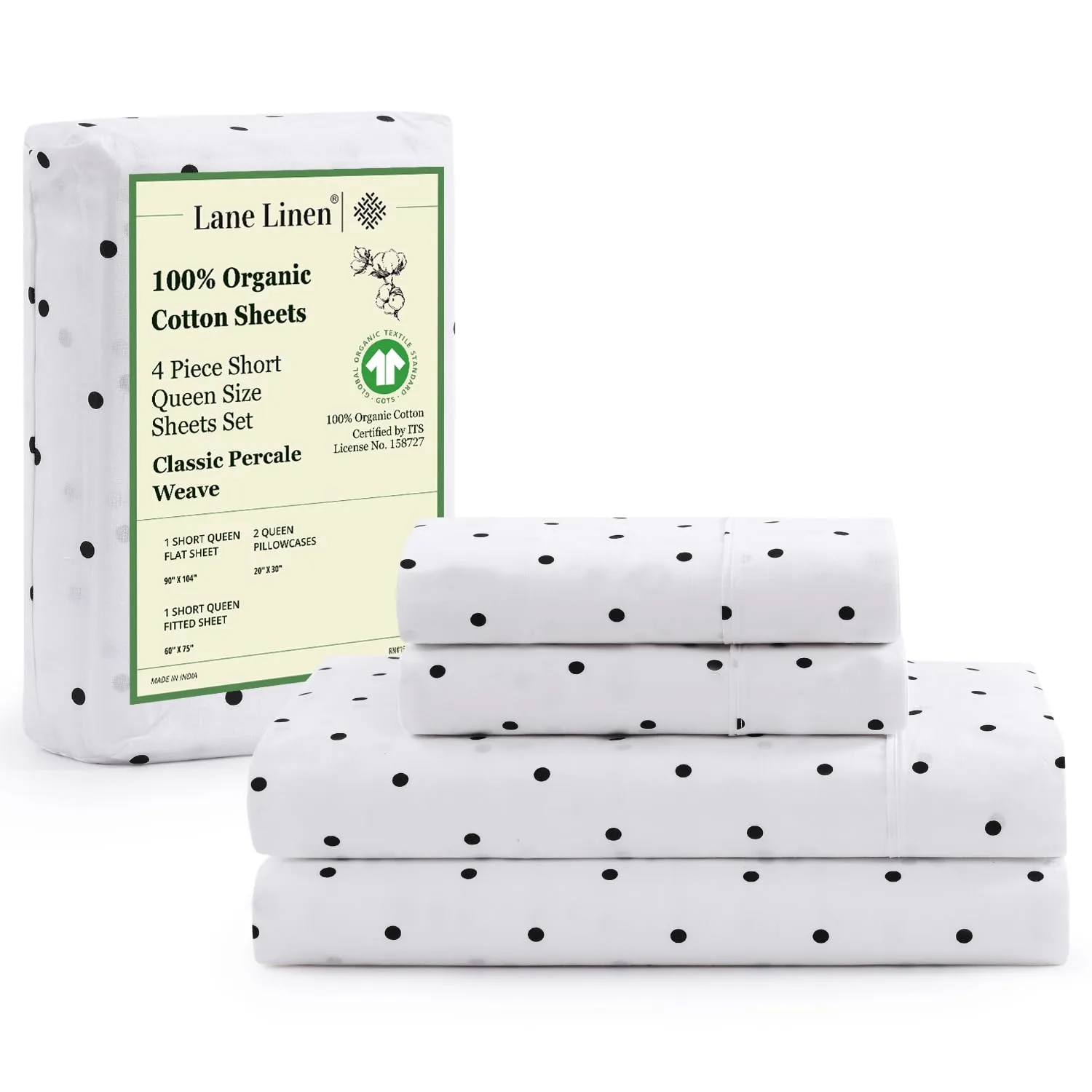 LANE LINEN Sheets for RV Queen Size Bed, 100% Organic Cotton Short Queen Bedsheet Sets, 4Pc Luxury Bed Sheets, Soft, Breathable RV Queen Size Sheet Sets, 15" Deep Pocket Sheets - Black Polka Dot