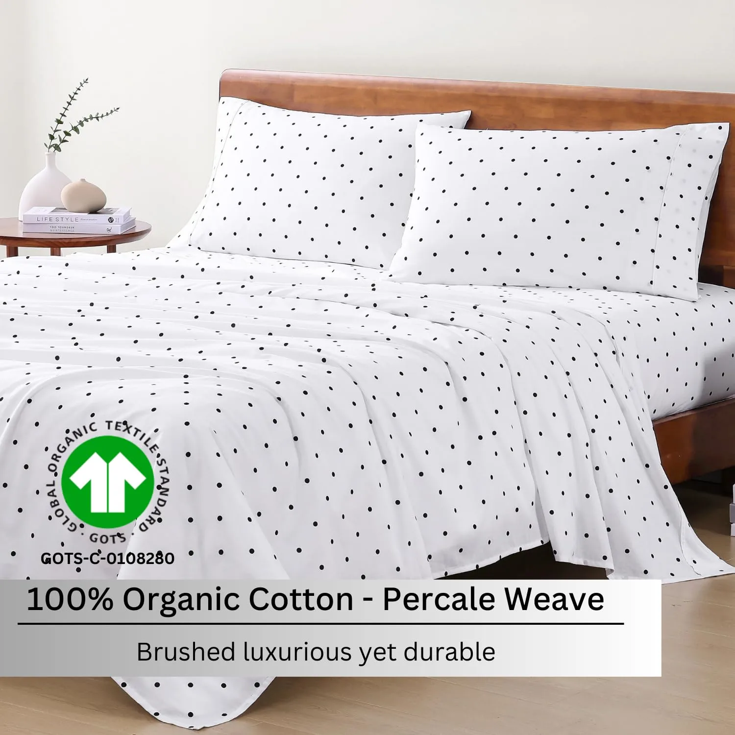 LANE LINEN Sheets for RV Queen Size Bed, 100% Organic Cotton Short Queen Bedsheet Sets, 4Pc Luxury Bed Sheets, Soft, Breathable RV Queen Size Sheet Sets, 15" Deep Pocket Sheets - Black Polka Dot