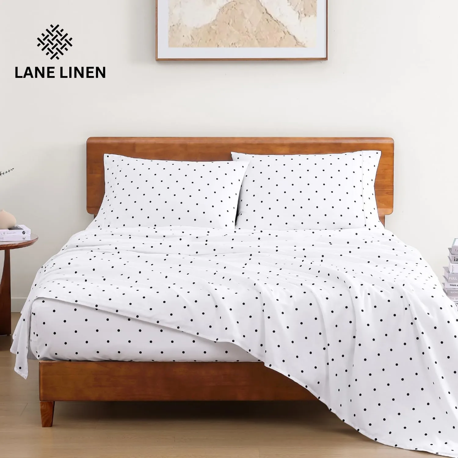 LANE LINEN Sheets for RV Queen Size Bed, 100% Organic Cotton Short Queen Bedsheet Sets, 4Pc Luxury Bed Sheets, Soft, Breathable RV Queen Size Sheet Sets, 15" Deep Pocket Sheets - Black Polka Dot