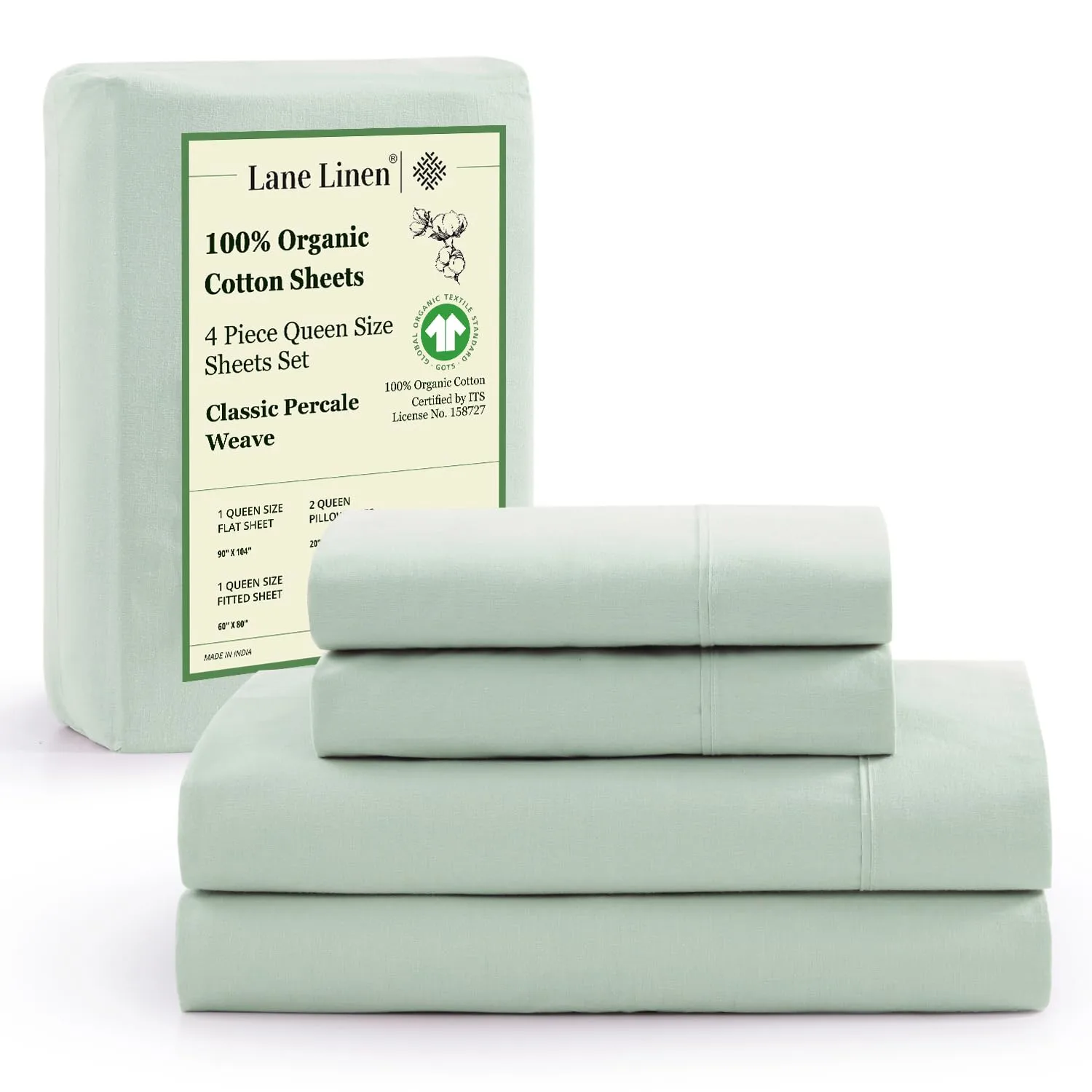 LANE LINEN 100% Organic Cotton Queen Sheets, Fully Elasticized Soft & Comfy Classic Percale Weave, Low Pill Fade Resistant Machine Washable Sheet & Pillowcase Sets, 15" Deep Pocket- Cool Blue