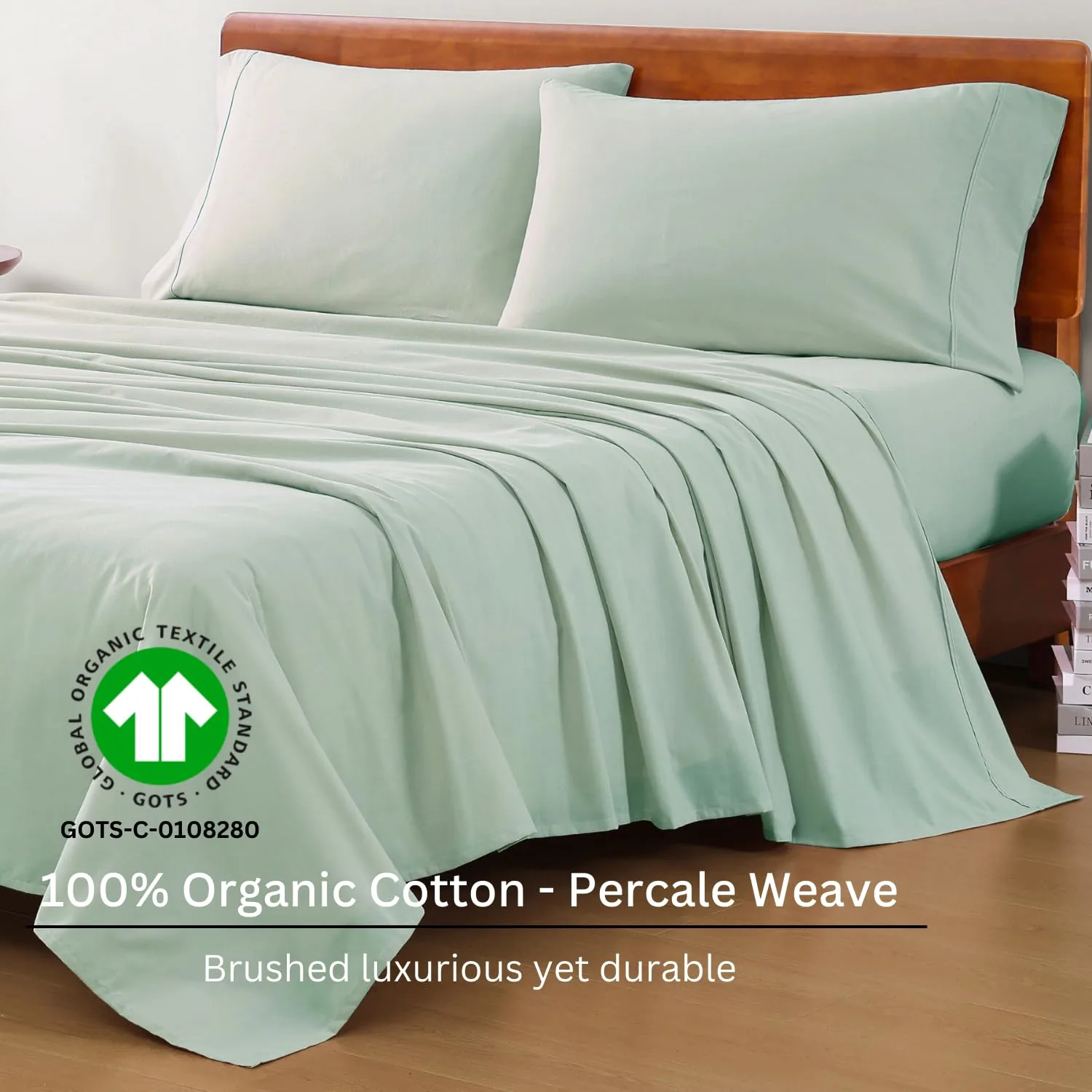 LANE LINEN 100% Organic Cotton Queen Sheets, Fully Elasticized Soft & Comfy Classic Percale Weave, Low Pill Fade Resistant Machine Washable Sheet & Pillowcase Sets, 15" Deep Pocket- Cool Blue