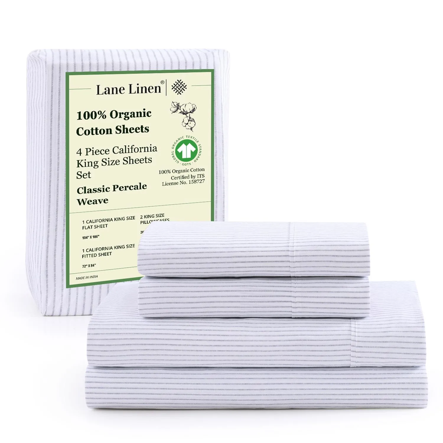 LANE LINEN 100% Organic Cotton Printed California King Sheets Set, 4-Piece All Season Fully Elasticized Deep Pocket Fits Mattress Upto 15", Mercerized Printed Cal King Sheet Set -Ticking Stripe Blue