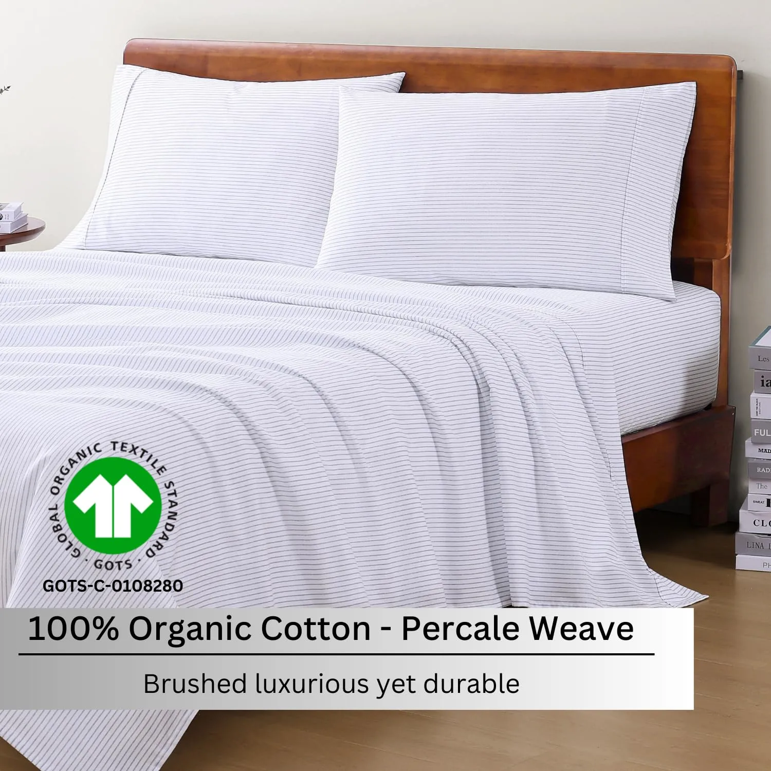 LANE LINEN 100% Organic Cotton Printed California King Sheets Set, 4-Piece All Season Fully Elasticized Deep Pocket Fits Mattress Upto 15", Mercerized Printed Cal King Sheet Set -Ticking Stripe Blue
