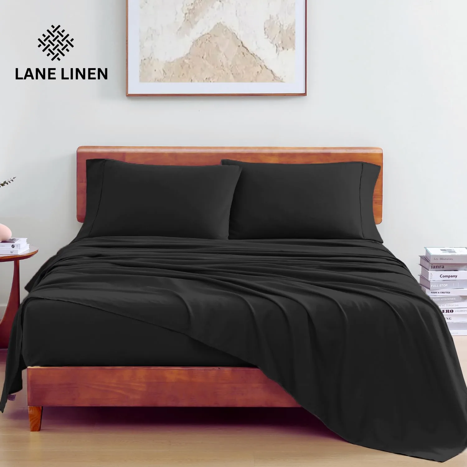 LANE LINEN 100% Organic Cotton Bed Sheets King Size, Soft & Comfy Fully Elasticized Percale Bedding Sheets & Pillowcase Set, Low Pilling Machine Washable King Sheet- Black Sheets