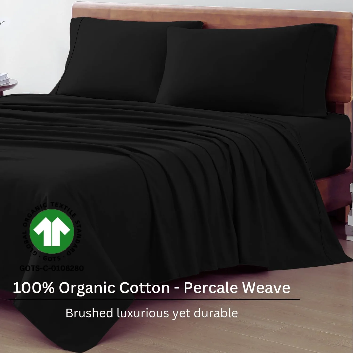 LANE LINEN 100% Organic Cotton Bed Sheets King Size, Soft & Comfy Fully Elasticized Percale Bedding Sheets & Pillowcase Set, Low Pilling Machine Washable King Sheet- Black Sheets