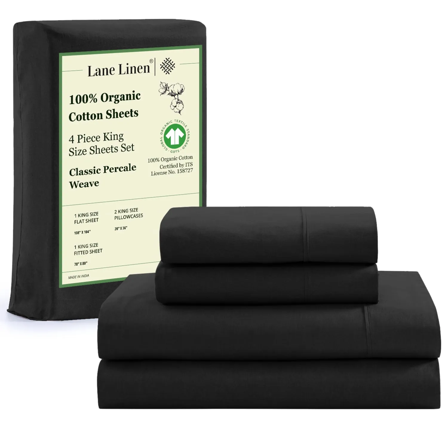 LANE LINEN 100% Organic Cotton Bed Sheets King Size, Soft & Comfy Fully Elasticized Percale Bedding Sheets & Pillowcase Set, Low Pilling Machine Washable King Sheet- Black Sheets
