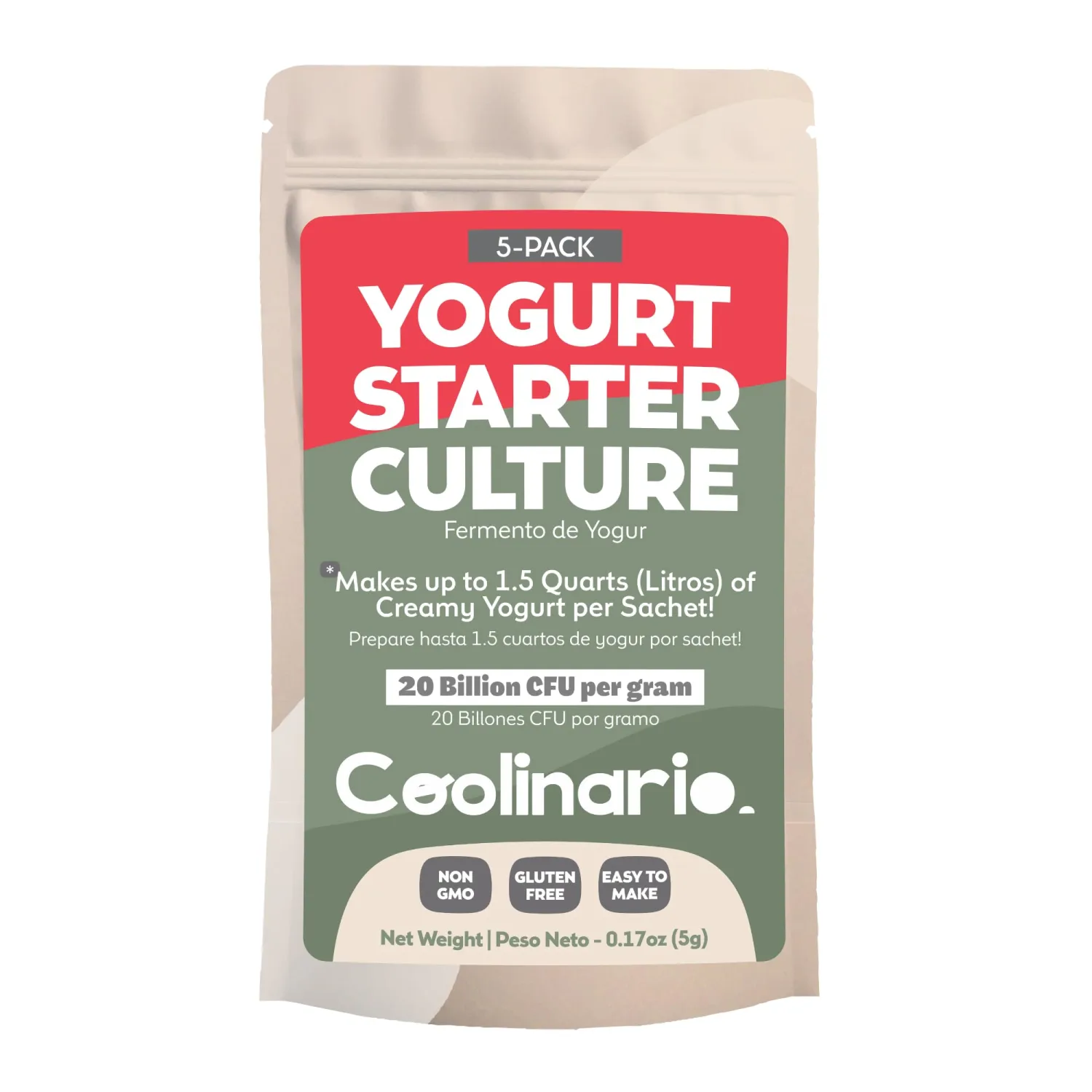 Coolinario Yogurt Starter Culture (5-Pack, 1g Sachets) Live Cultures for Homemade Yogurt | Creamy, Thick & Delicious | Regular or Greek Yogurt | Non-GMO, No Preservatives, Gluten Free, Halal & Kosher