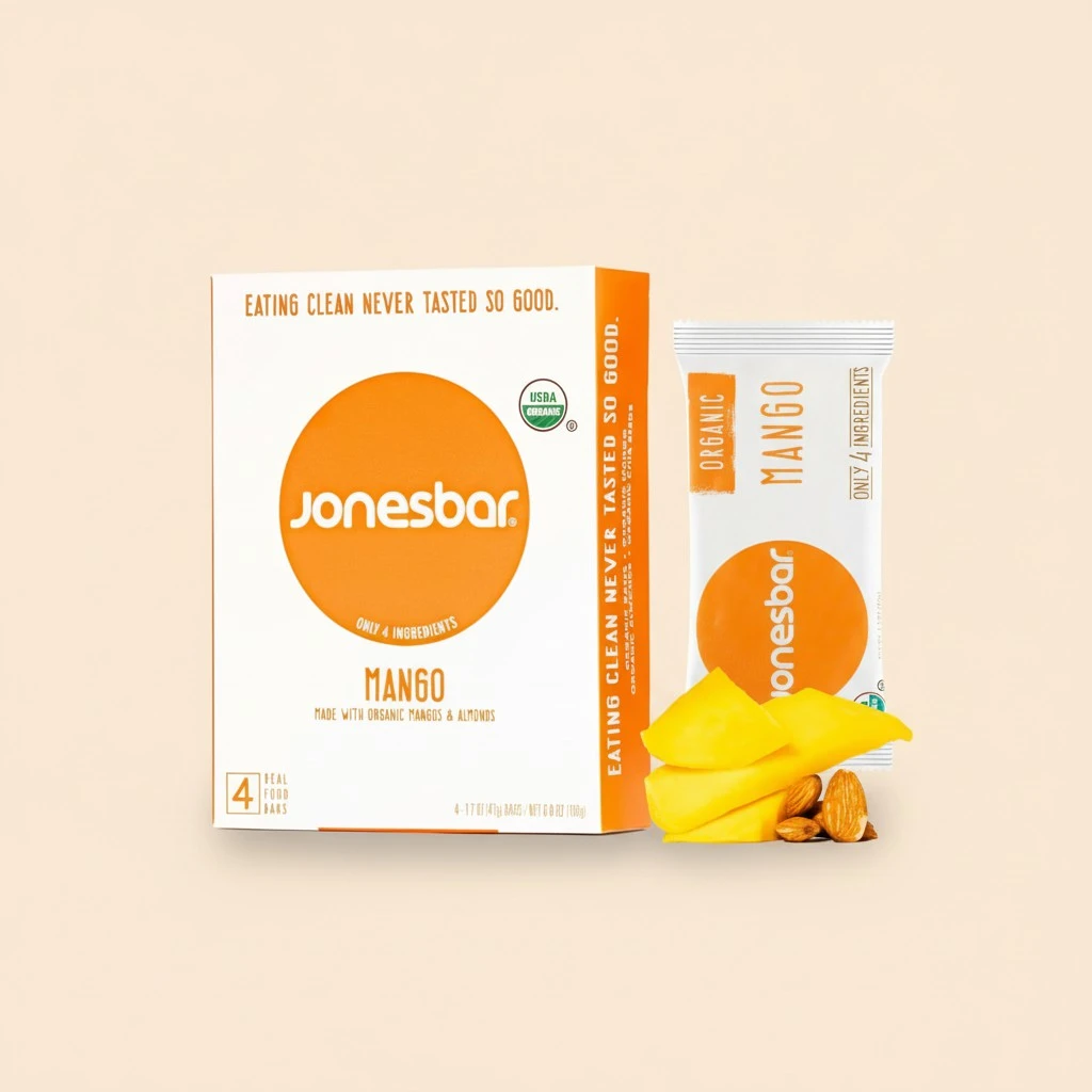 JONESBAR (Mango Almond, 4 Count (Pack of 1)), USDA Organic Fruit & Nut Bar, Non-GMO, Kosher, Vegan, Gluten Free, Simple Snack Bar