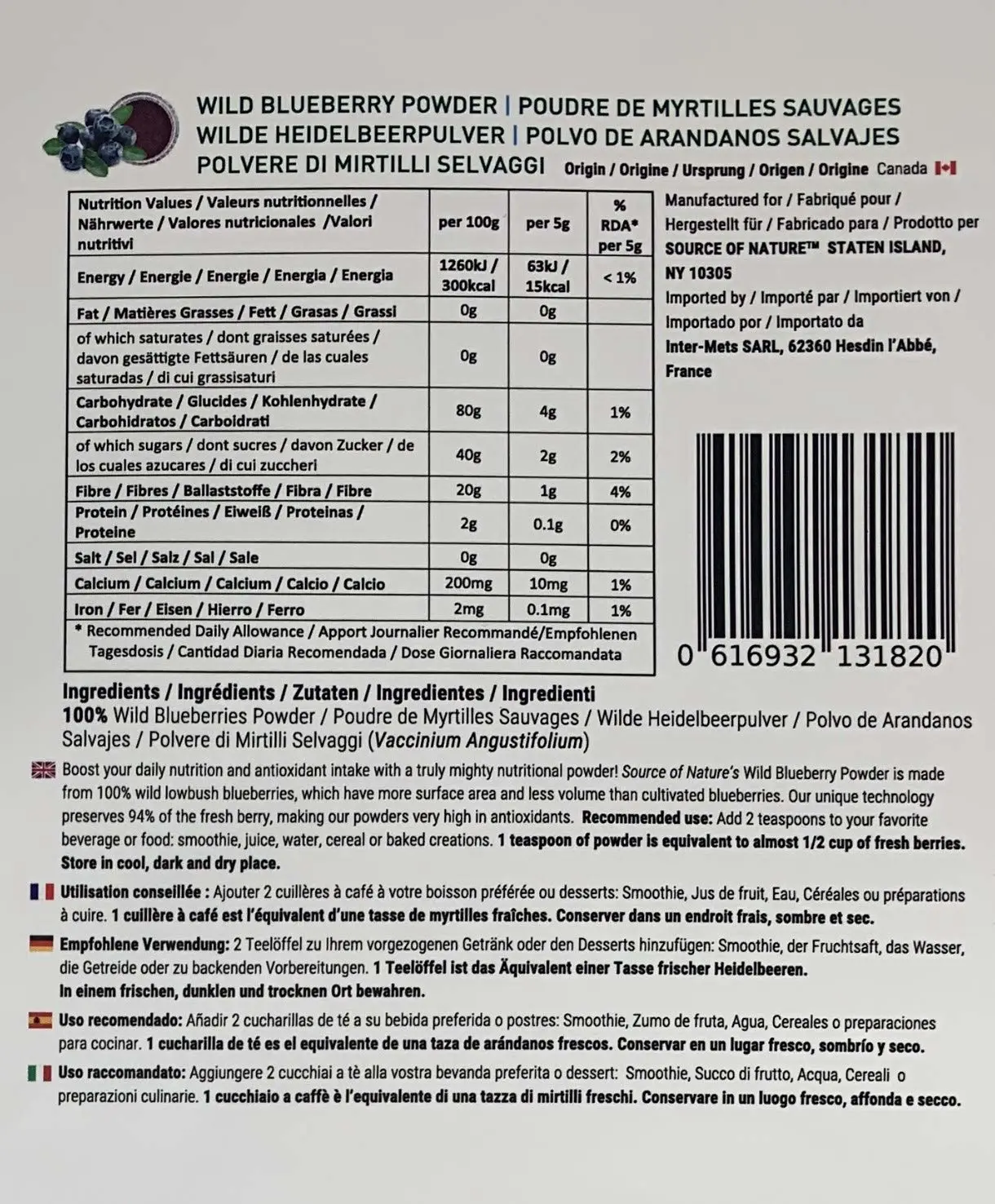 Wild Blueberry Powder 3.5 oz (100g) 100% Whole Berry; Not Extract, Not Concentrate, Not Juice Powder