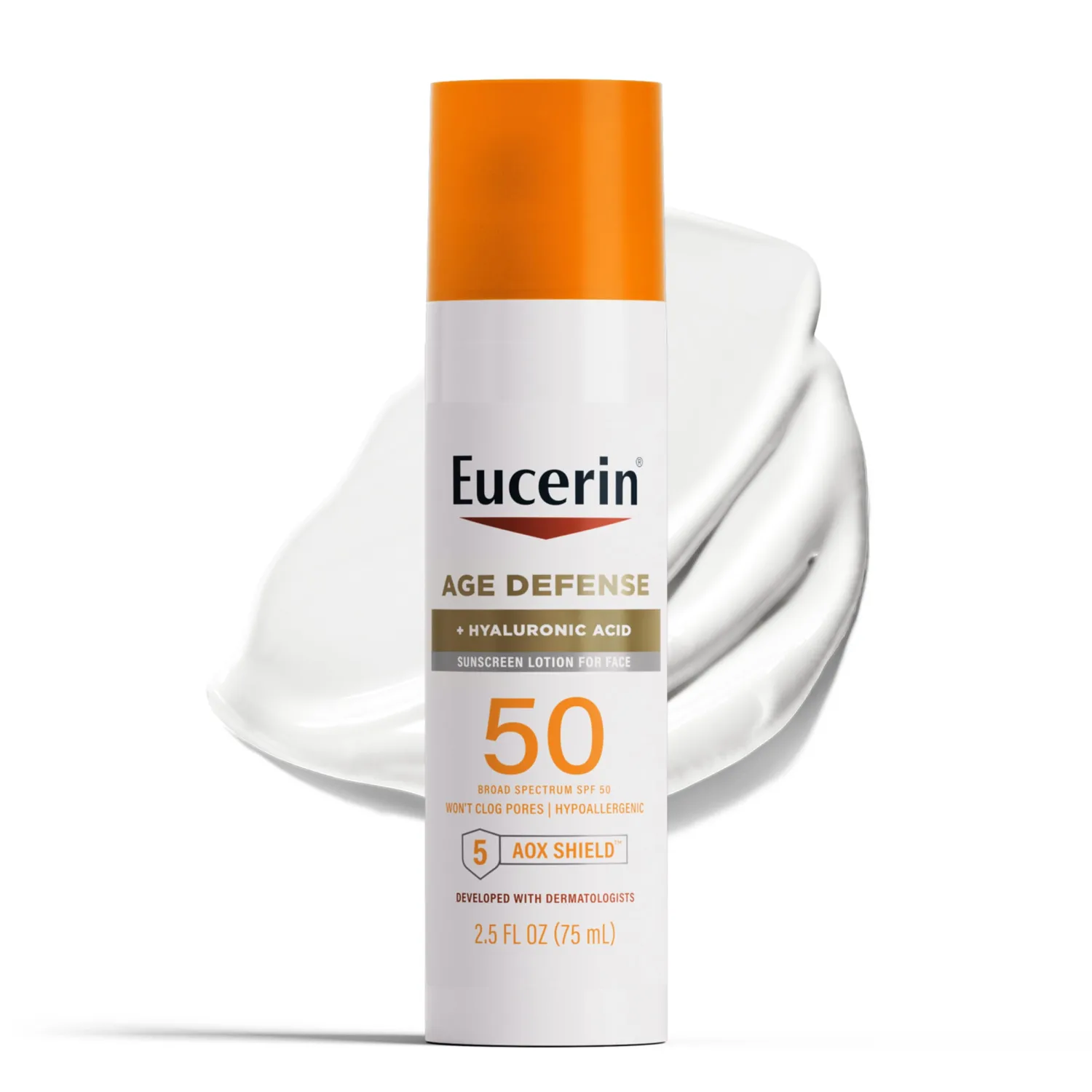 Eucerin Sun Age Defense SPF 50 Face Sunscreen Lotion with Hyaluronic Acid, Hypoallergenic, Non-Comedogenic Sunscreen SPF 50 Free of Fragrance, Oxybenzone and Octinoxate, 2.5 Fl Oz Bottle