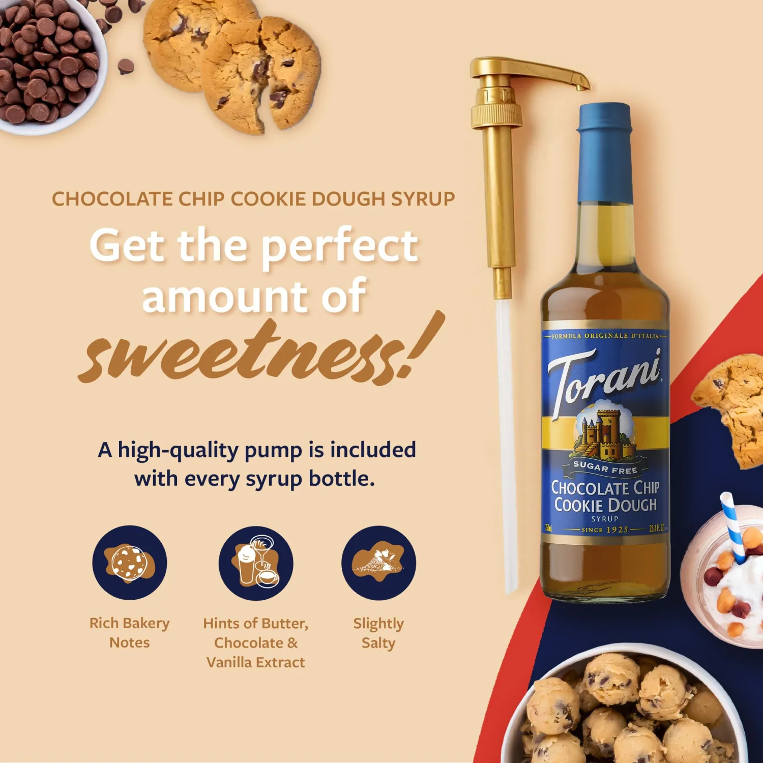 Torani Sugar Free Coffee Syrup, Chocolate Chip Cookie Dough Flavoring for Drinks, Zero Calorie, Glass Bottle with Pump Included, 25.4 Fl Oz