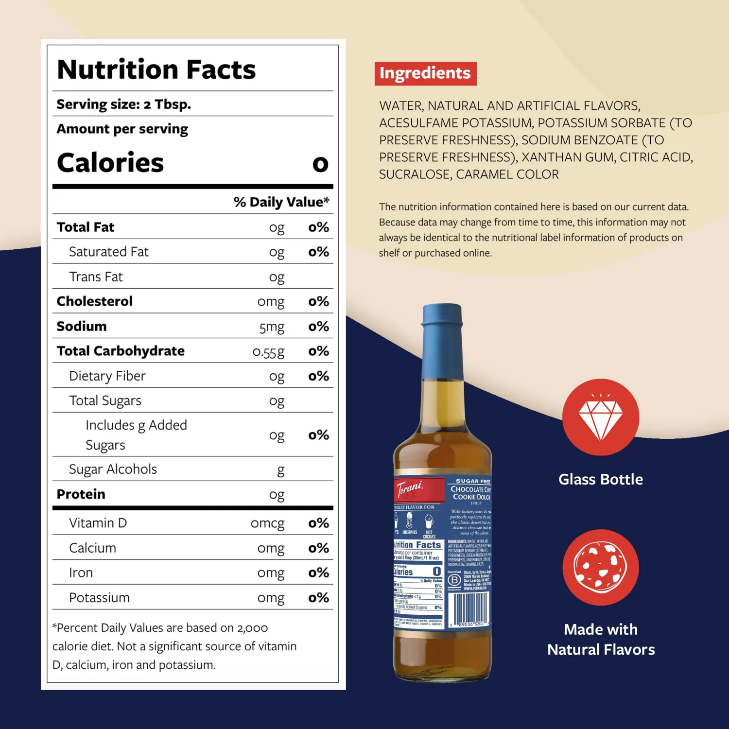 Torani Sugar Free Coffee Syrup, Chocolate Chip Cookie Dough Flavoring for Drinks, Zero Calorie, Glass Bottle with Pump Included, 25.4 Fl Oz