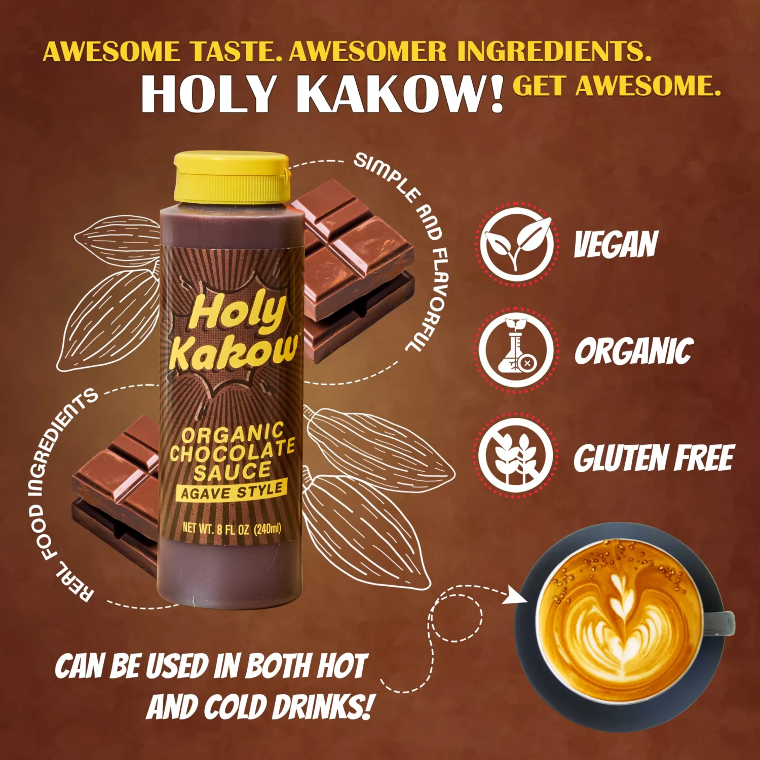 Holy Kakow Organic Chocolate Sauce - Chocolate Syrup, Organic, Sugar Free, Sweetened with Agave, Real Food Ingredients, Specific Flavor - 8oz, 1-Pack