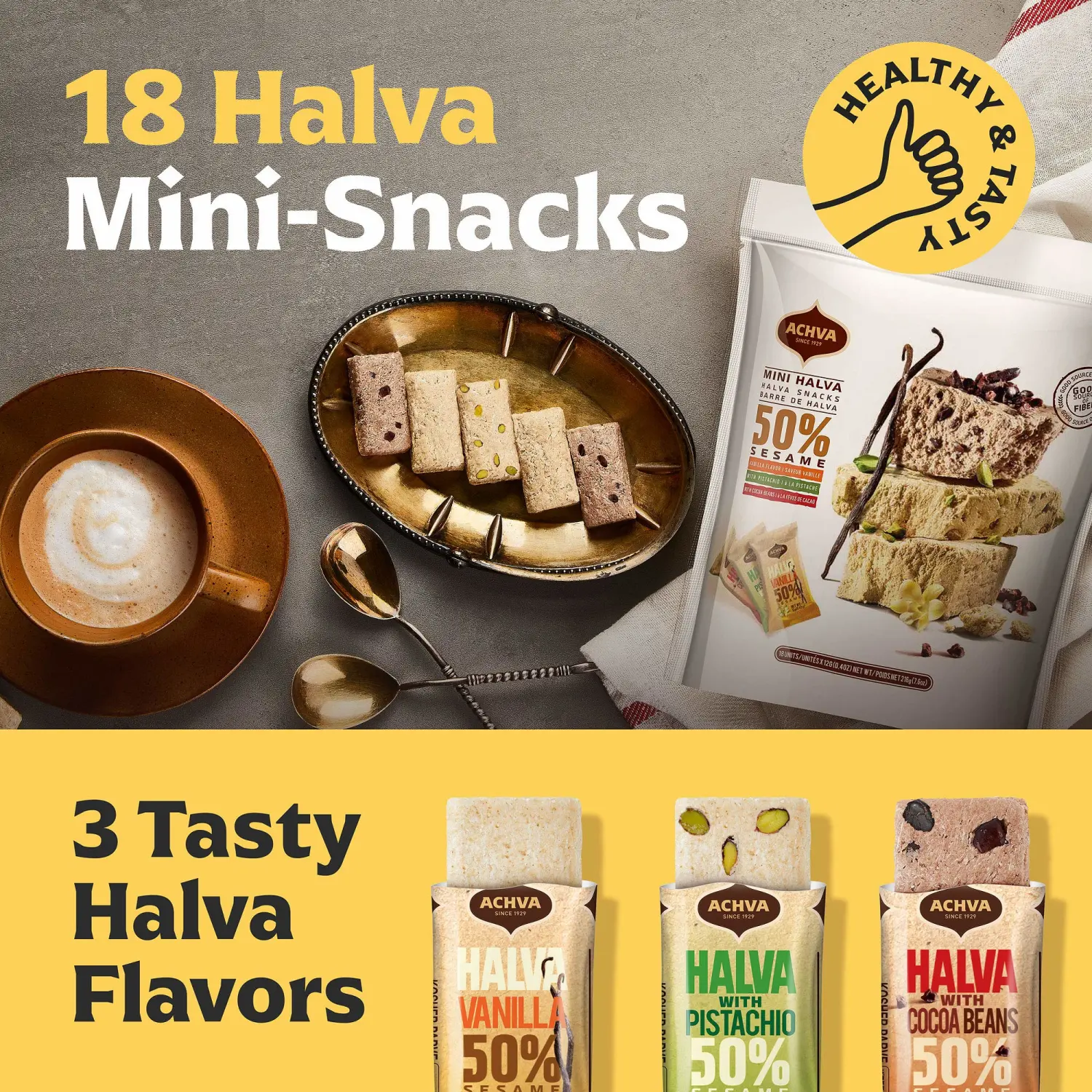 Halva Tahini Bar Mini Snacks – Assortment of 18 Snack-Sized Halvah Pistachio, Vanilla, and Cocoa Bean Israeli Snacks – Vegan, Kosher Snacks with No Gluten or Lactose by Achva, 12 g. Each