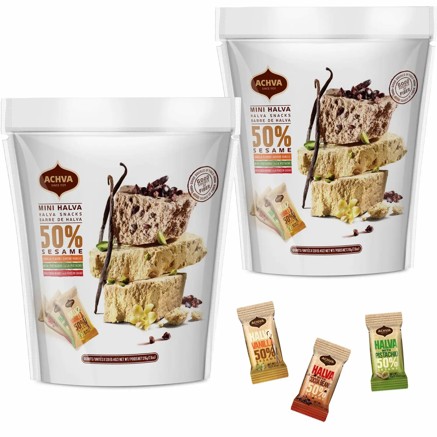 Achva Kosher Vanilla, Cocoa Beans, and Pistachio Mini Halva Bars Snack Bag 18ct. Each Bar 0.4oz Net Wt 7.6oz (Pack of 2) | Vegan | Kosher | Individually Wrapped