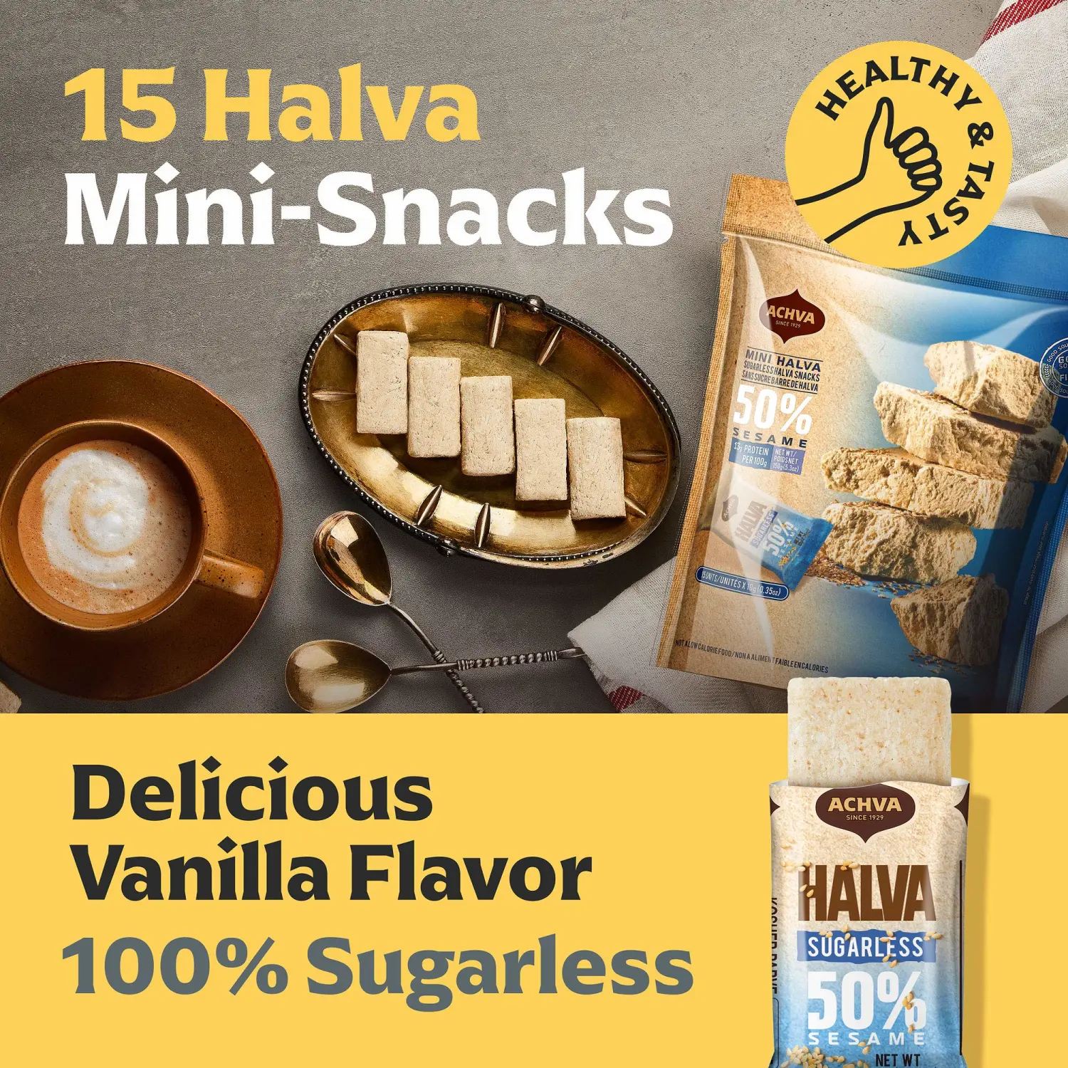 Halva Sugarless Tahini Bar Mini Snacks – Assortment of 15 Snack-Sized Vanilla Flavor Halvah– Vegan, Kosher Snacks with No Gluten or Lactose by Achva, 12 g. Each Product Name