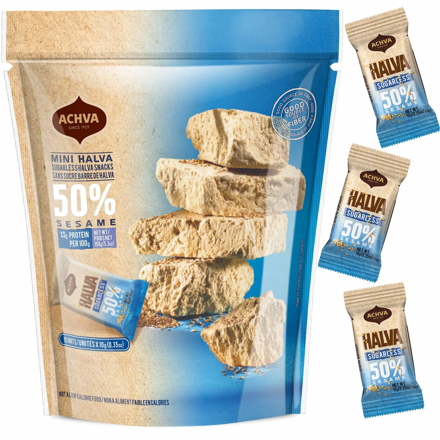 Halva Sugarless Tahini Bar Mini Snacks – Assortment of 15 Snack-Sized Vanilla Flavor Halvah– Vegan, Kosher Snacks with No Gluten or Lactose by Achva, 12 g. Each Product Name