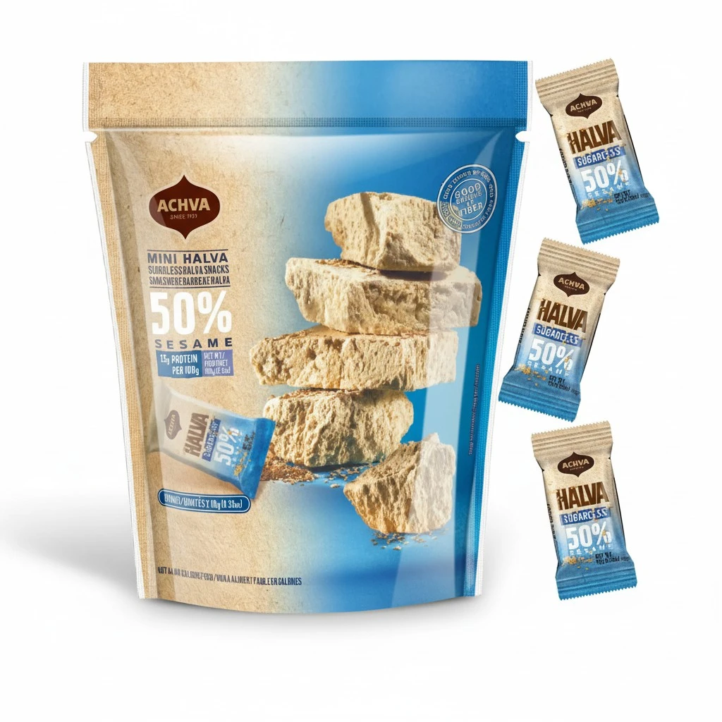 Halva Sugarless Tahini Bar Mini Snacks – Assortment of 15 Snack-Sized Vanilla Flavor Halvah– Vegan, Kosher Snacks with No Gluten or Lactose by Achva, 12 g. Each Product Name
