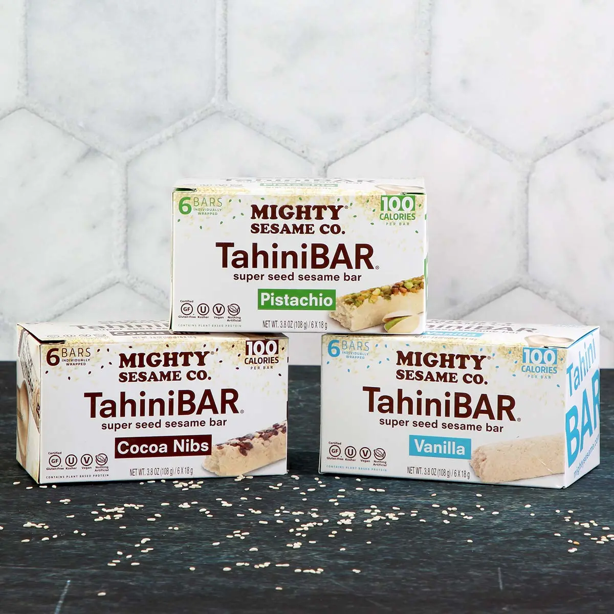 Mighty Sesame TahiniBars, Variety Pack (18 Bars) | 6 Pistachio - 6 Vanilla - 6 Cocoa Nibs | 100 Calorie Mini Halva Bars | Individually Wrapped
