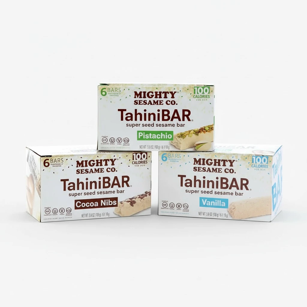 Mighty Sesame TahiniBars, Variety Pack (18 Bars) | 6 Pistachio - 6 Vanilla - 6 Cocoa Nibs | 100 Calorie Mini Halva Bars | Individually Wrapped