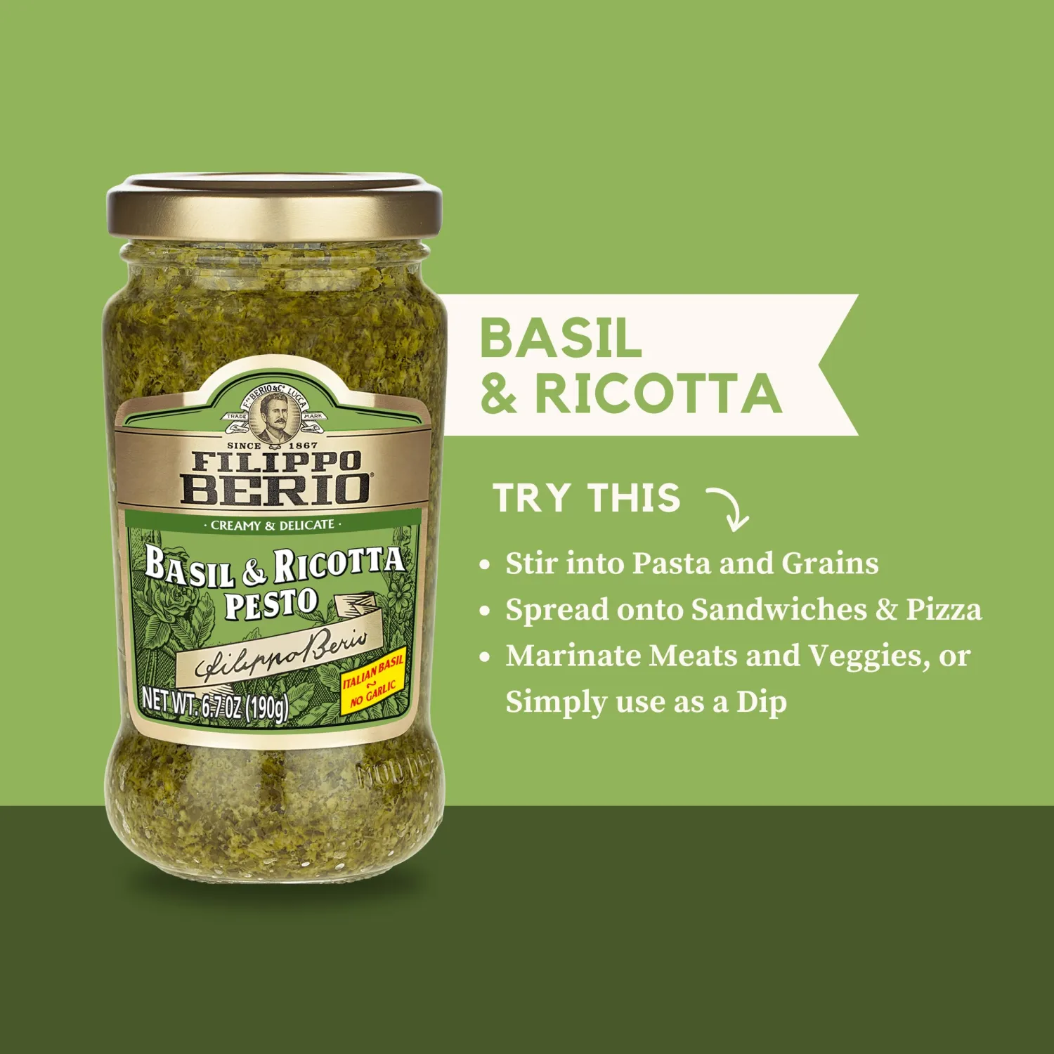 Filippo Berio Pesto, Basil & Ricotta, 6.7 Ounce Glass Jar