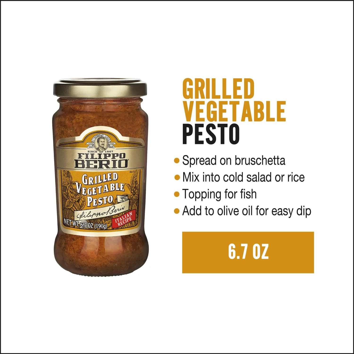 Filippo Berio Pesto, Grilled Vegetable, 6.7 Ounce Glass Jar