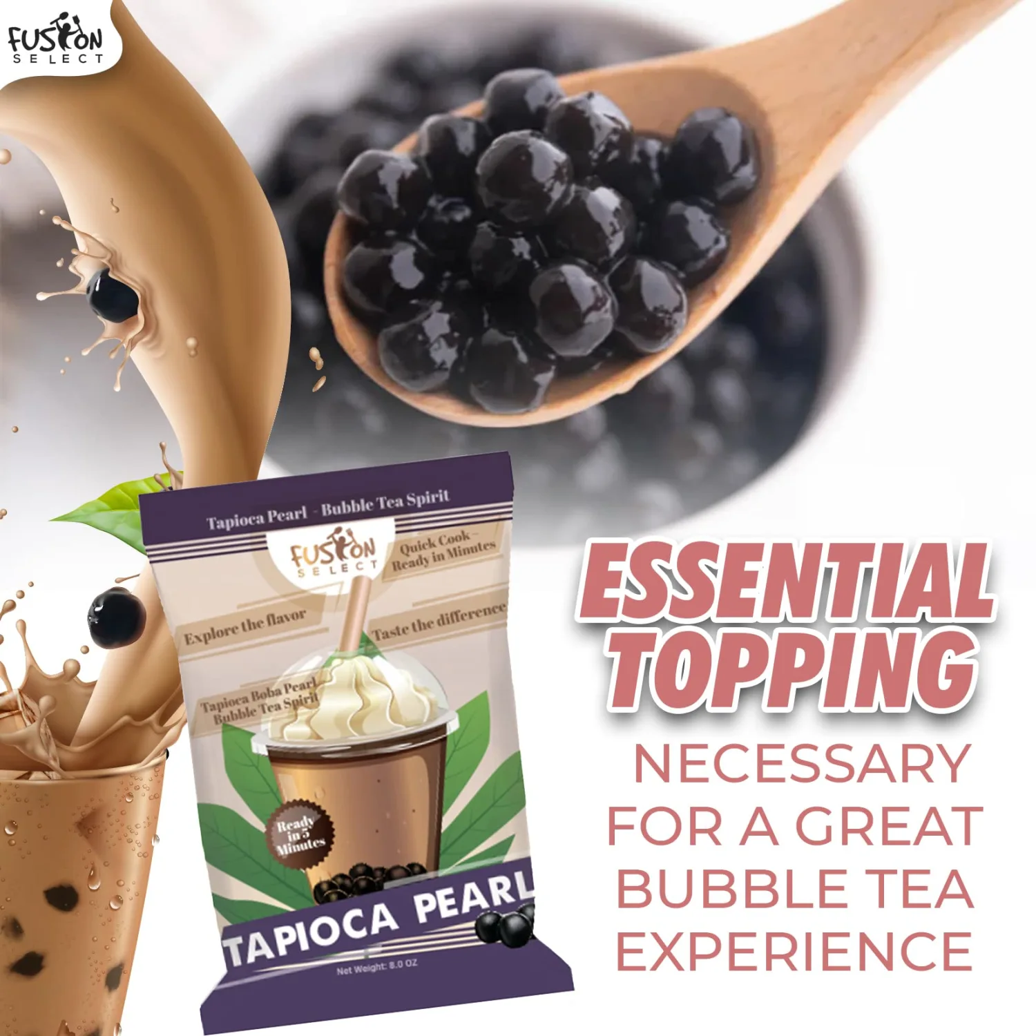 Fusion Select Tapioca Pearl - Brown Sugar Flavor Quick Cook Tapioca, DIY Boba for Boba Tea Ready in 5 Minutes, Boba pearls, Bubble Tea Pearl s, Milk Tea Toppings (2 Packs)