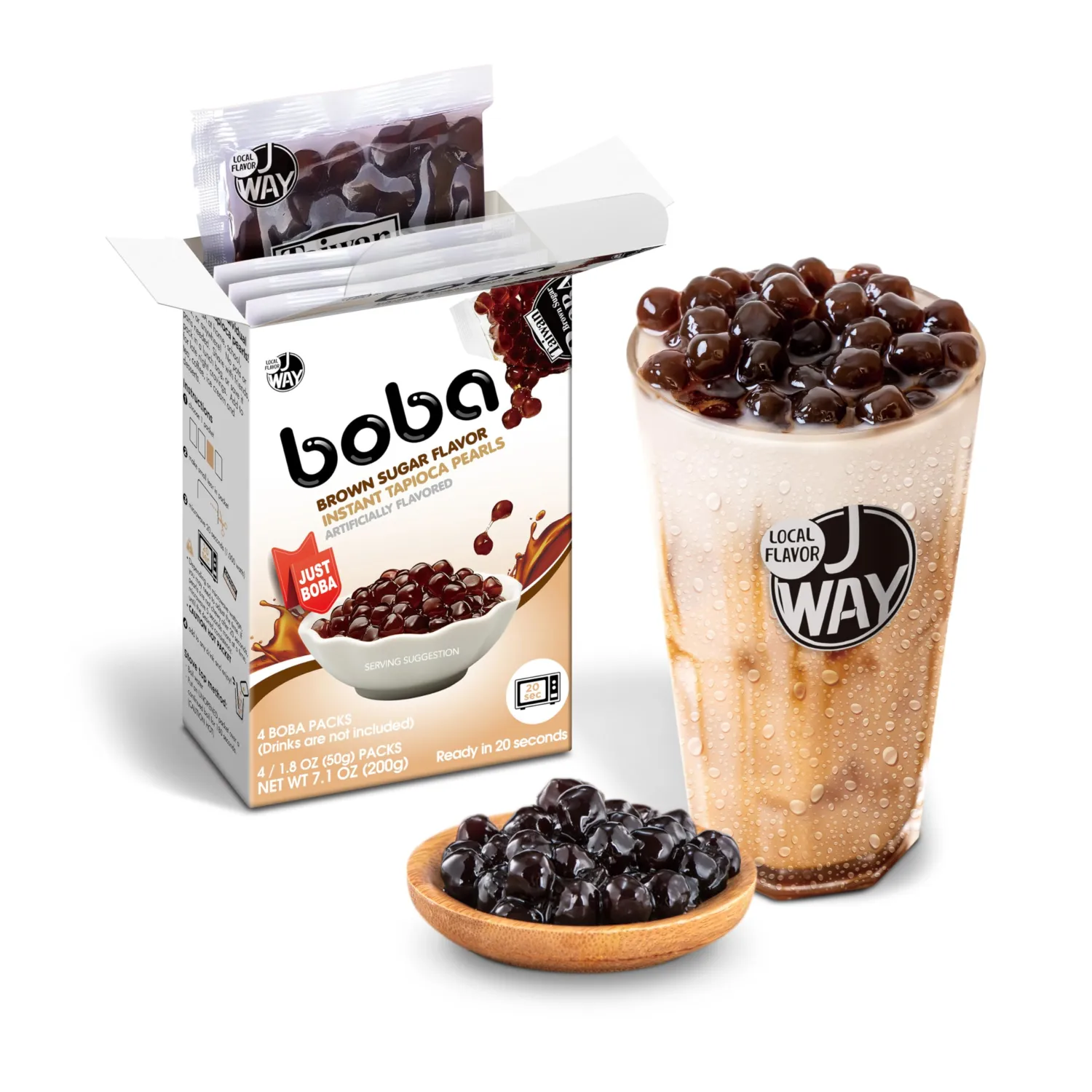 J WAY BOBA Authentic Instant Tapioca Boba Pearls for Milk Tea, Smoothies and Desserts, Brown Sugar Flavor (Ready in Just 20 Seconds) - 4 Servings